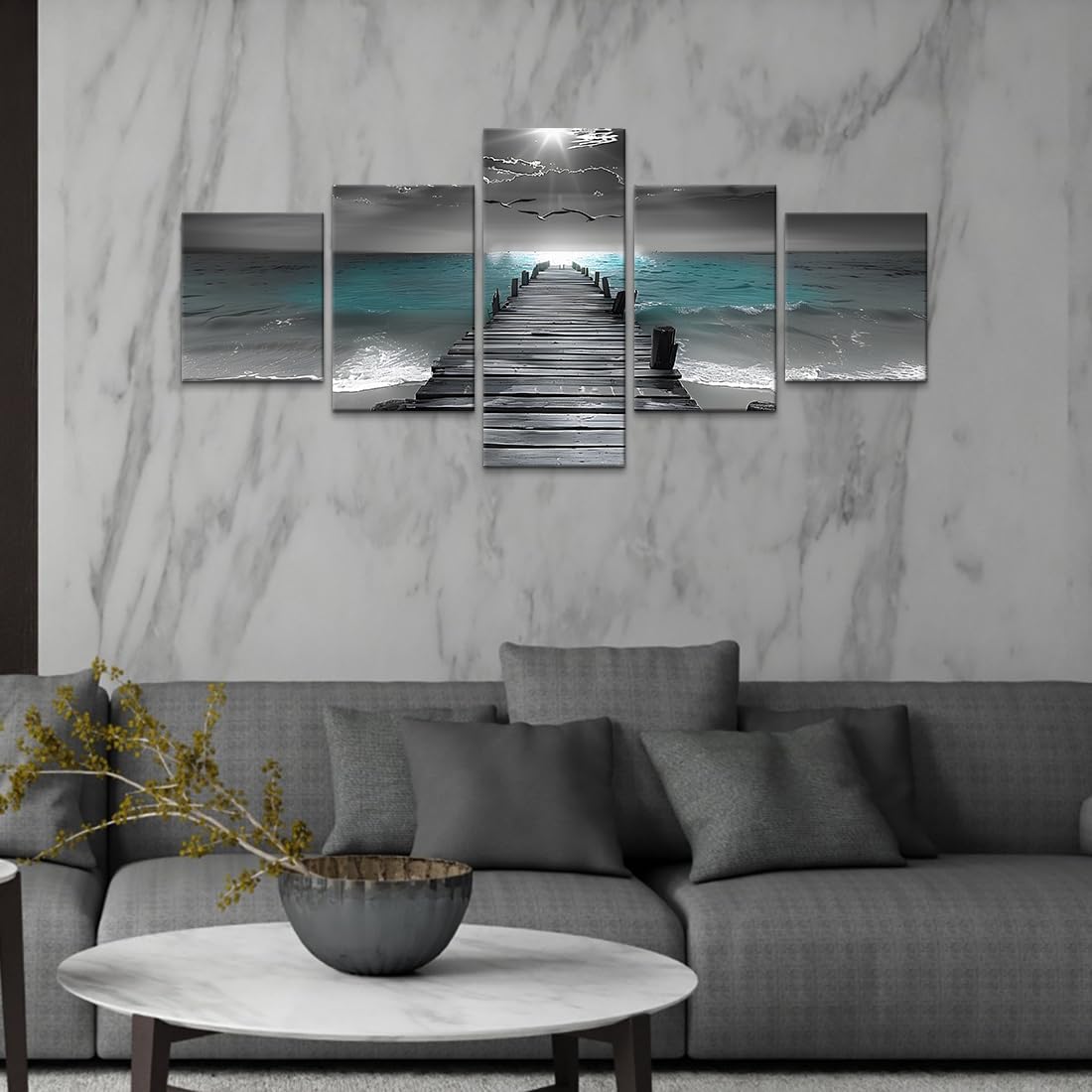 5 Pieces Canvas Wall Art Black White Teal Blue Beach Pier Prints Coastal Ocean Night View Painting Picture Seaside Artwork Modern Home Wall Decor for Living Room Bathroom Bedroom, Framed 50"x 24"