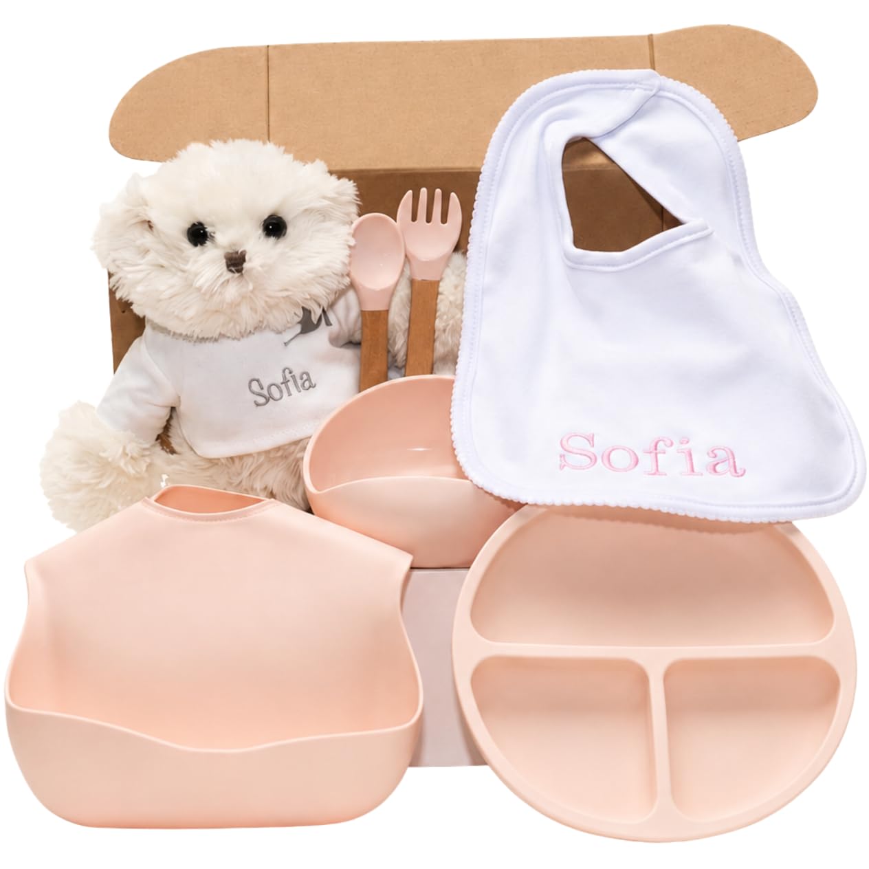 Bestickte Decke mit Namen und Geschirr aus Silikon, umweltfreundliches Geschenk für Babys, Geschenkset für Jungen und Mädchen (Geschirr + Lätzchen + Teddybär, Rosa) | BebeDeParis | Silikongeschirr + personalisiertes Zubehör (Rosa | Geschirr + Lätzchen + B