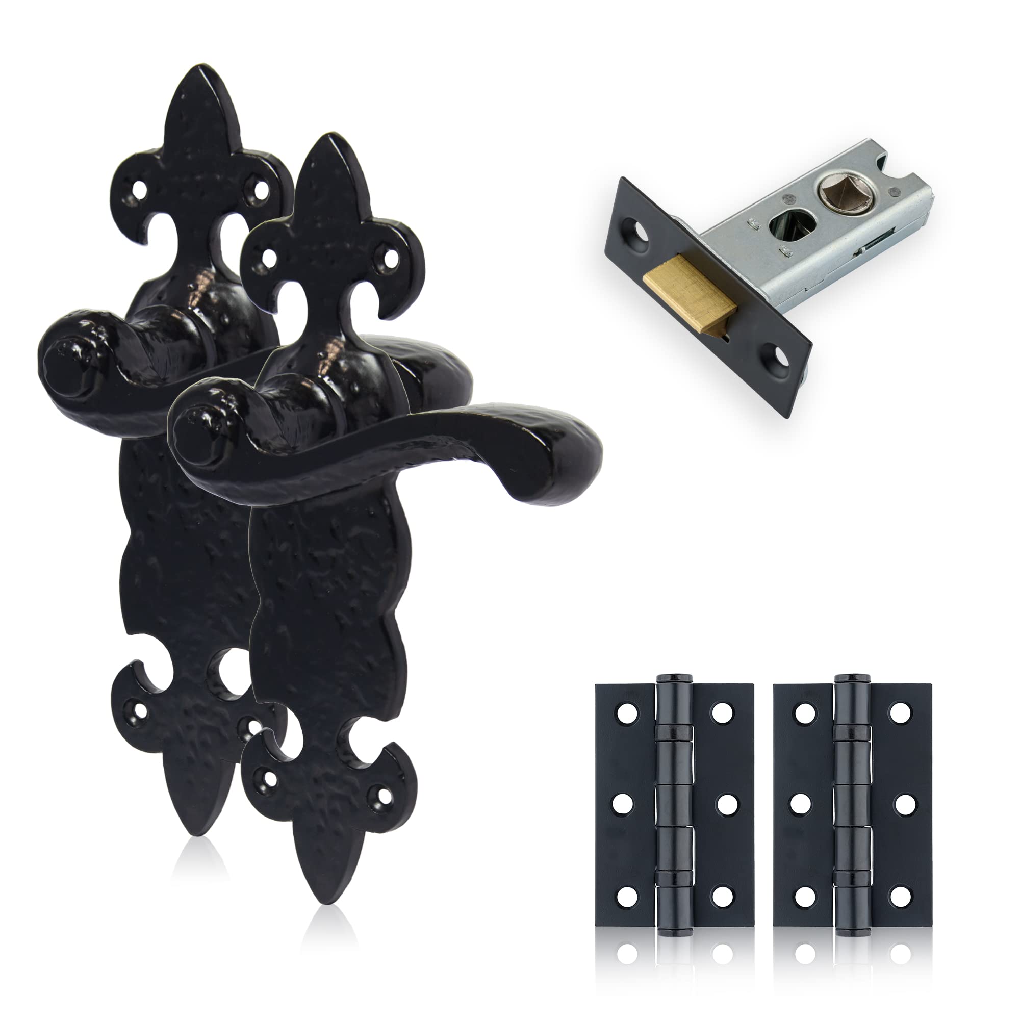 XFORT Smithy's Range Fleur De Lys Lever Latch Pack - Black Antique Complete Set With Door Handles, 65mm Tubular Latch, 75mm Hinges for Internal Wooden Doors