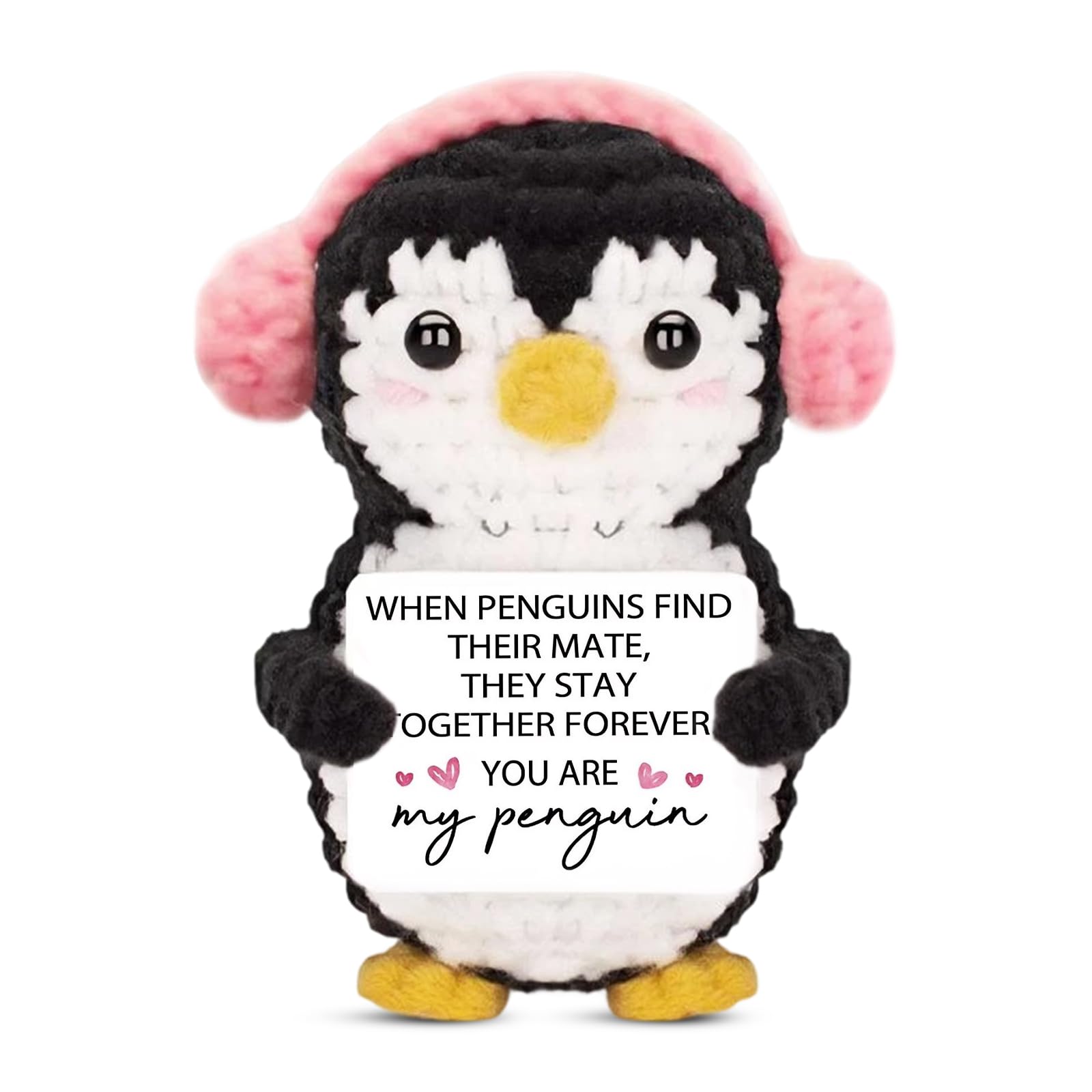 Penguin Gifts with Card, Pink Headphones Crochet Positive Penguin, Romantic Present Valentine's Day Gifts for Him Her, Couple Keepsake (9x6x5cm)