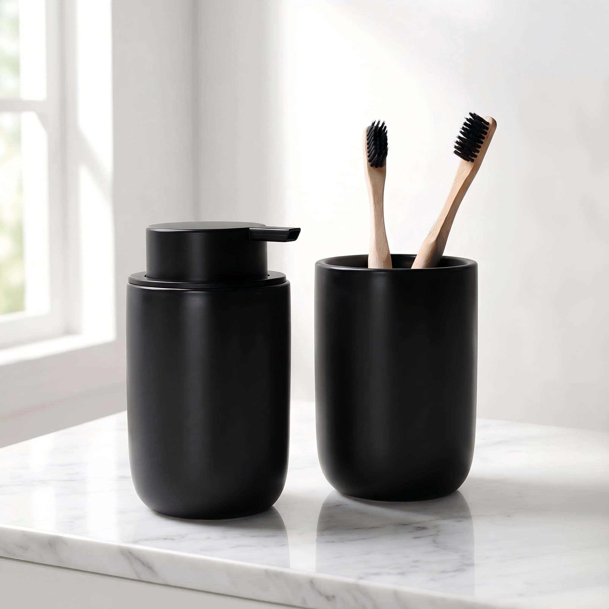 Bosilunlife Soap Dispenser and Toothbrush Holder Set - Dish Hand Soap Dispenser Bathroom Set Ceramic Bathroom Counter Soap Toothbrush Holder Set Black Bathroom Accessories Set
