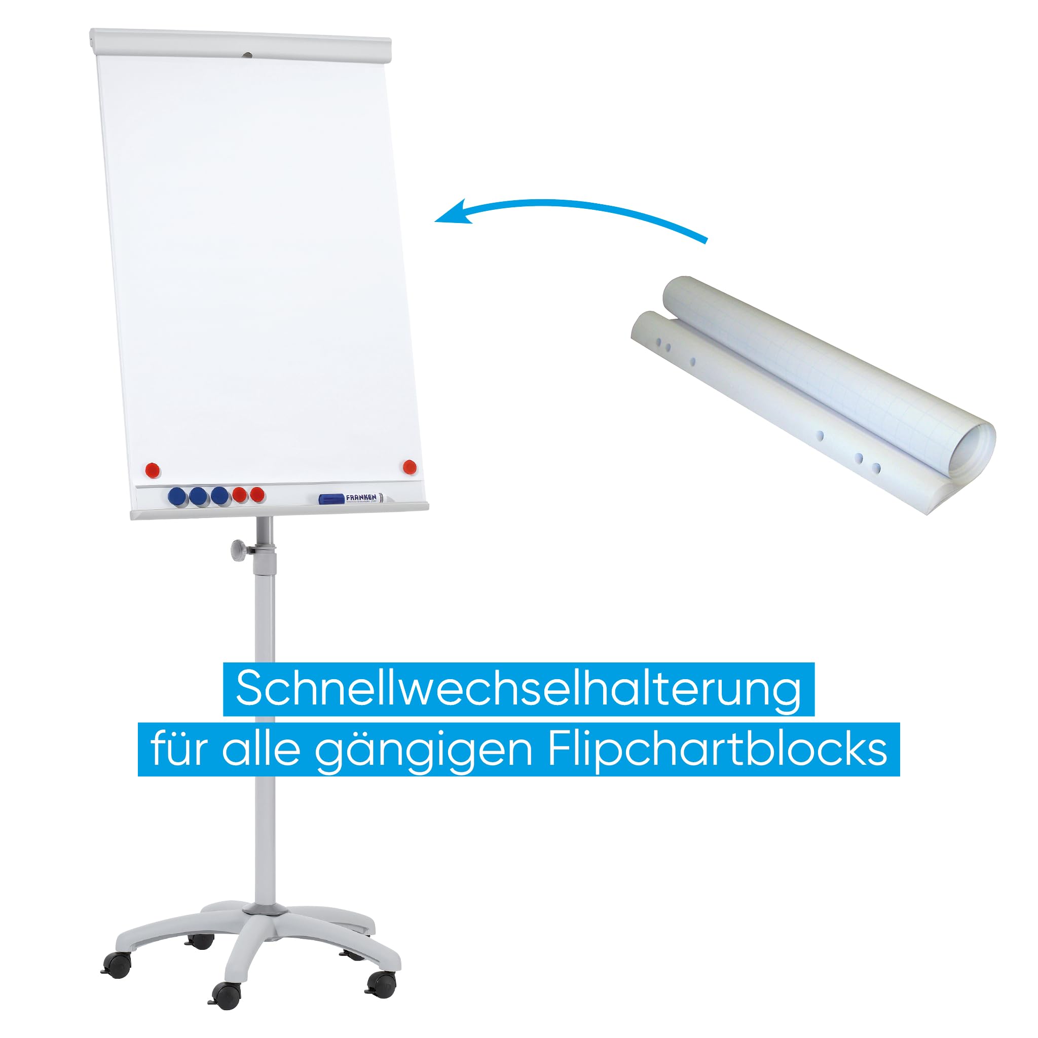 FRANKEN Flipchart, Beschreibbar, Magnetisch, Mobil, Mit Rollen, Whiteboard mit Ständer, Papierhalterung und Stifteablage, 68 x 105 cm, X-tra!Line Mobil, EL-FC31