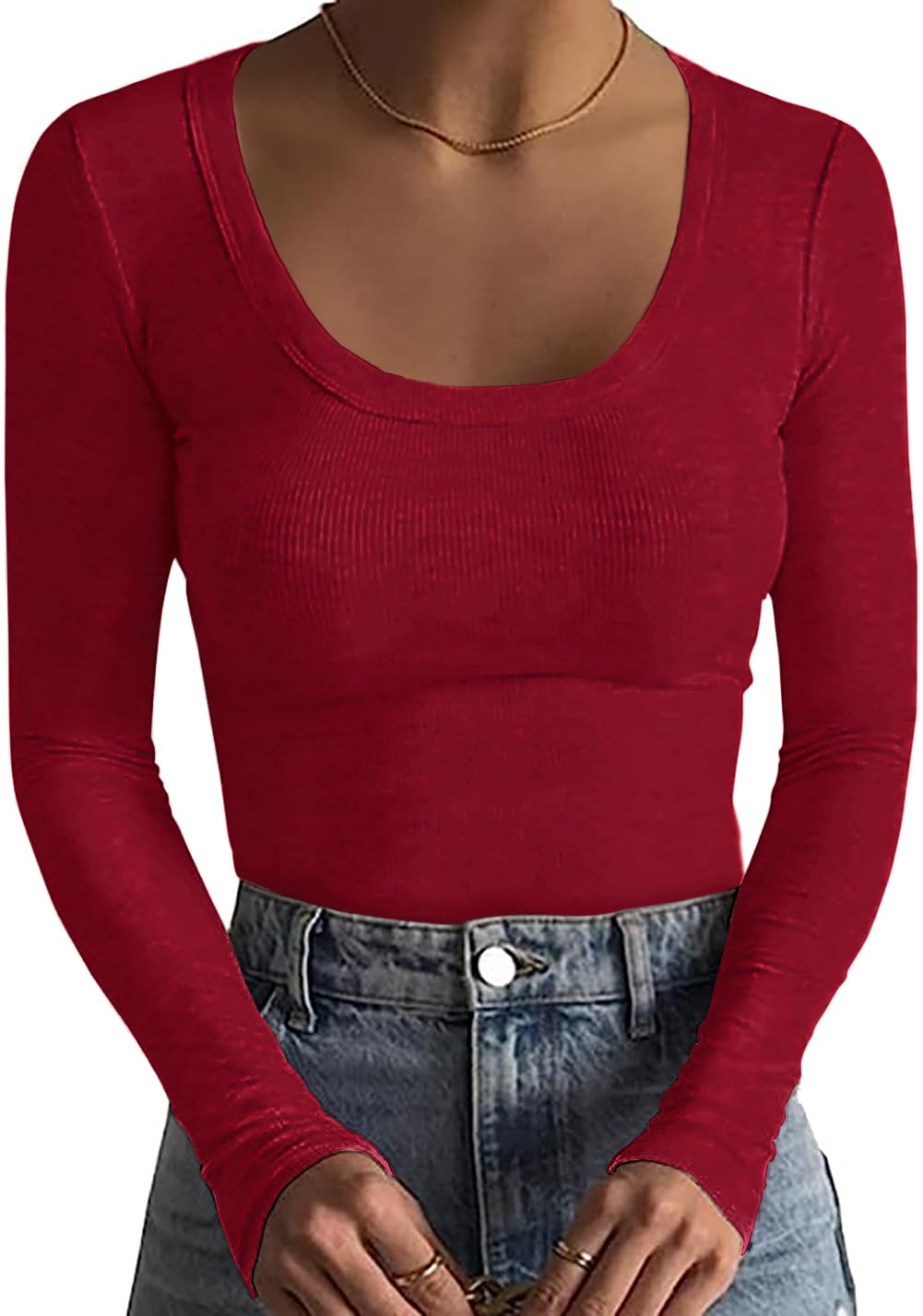 Basicspace Damen Gerippte Tops Schlank Hautfreundlich Basic T Shirt Einfarbig Tops Sexy Dehnbar Lässig Tief U Hals T Shirt Modisch Vielseitig Langarm Shirt