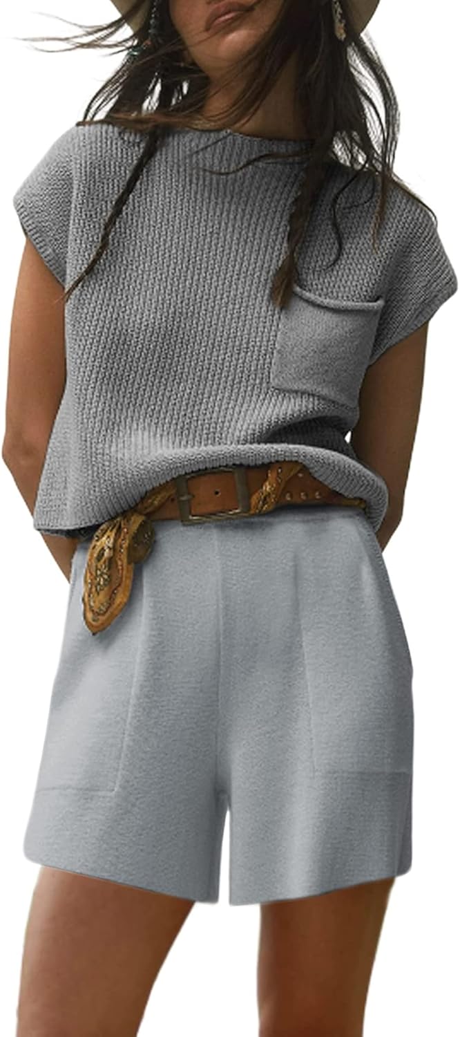 Yozazzy Womens Two Piece Outfit Knit Pullover Tops and Drawstring Short Lounge Set with Pocket 02 Grey X-Large