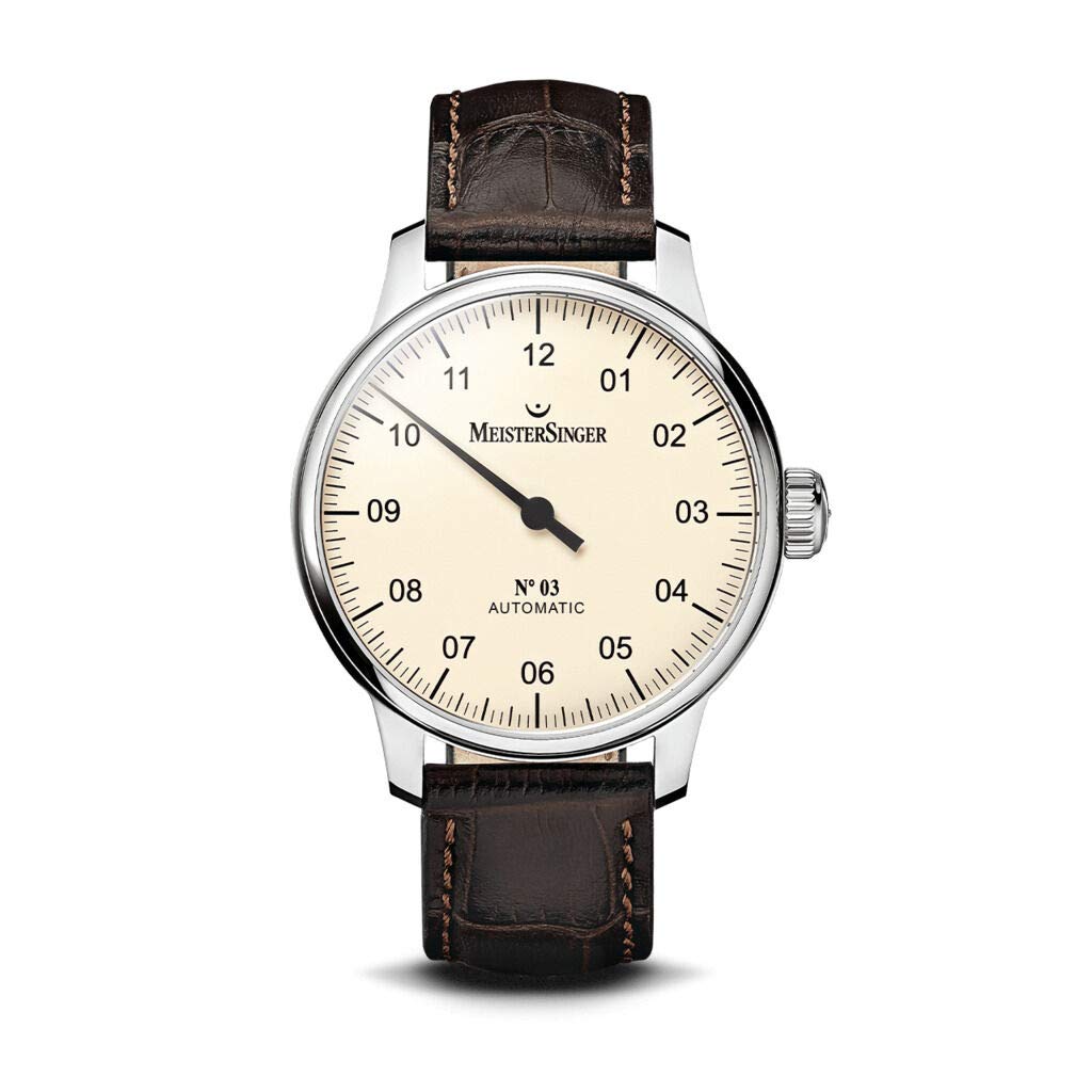 MeisterSingerMen's Single Hand No.03 43mm Brown Calfskin Band Steel Case Automatic Ivory Dial Watch AM903