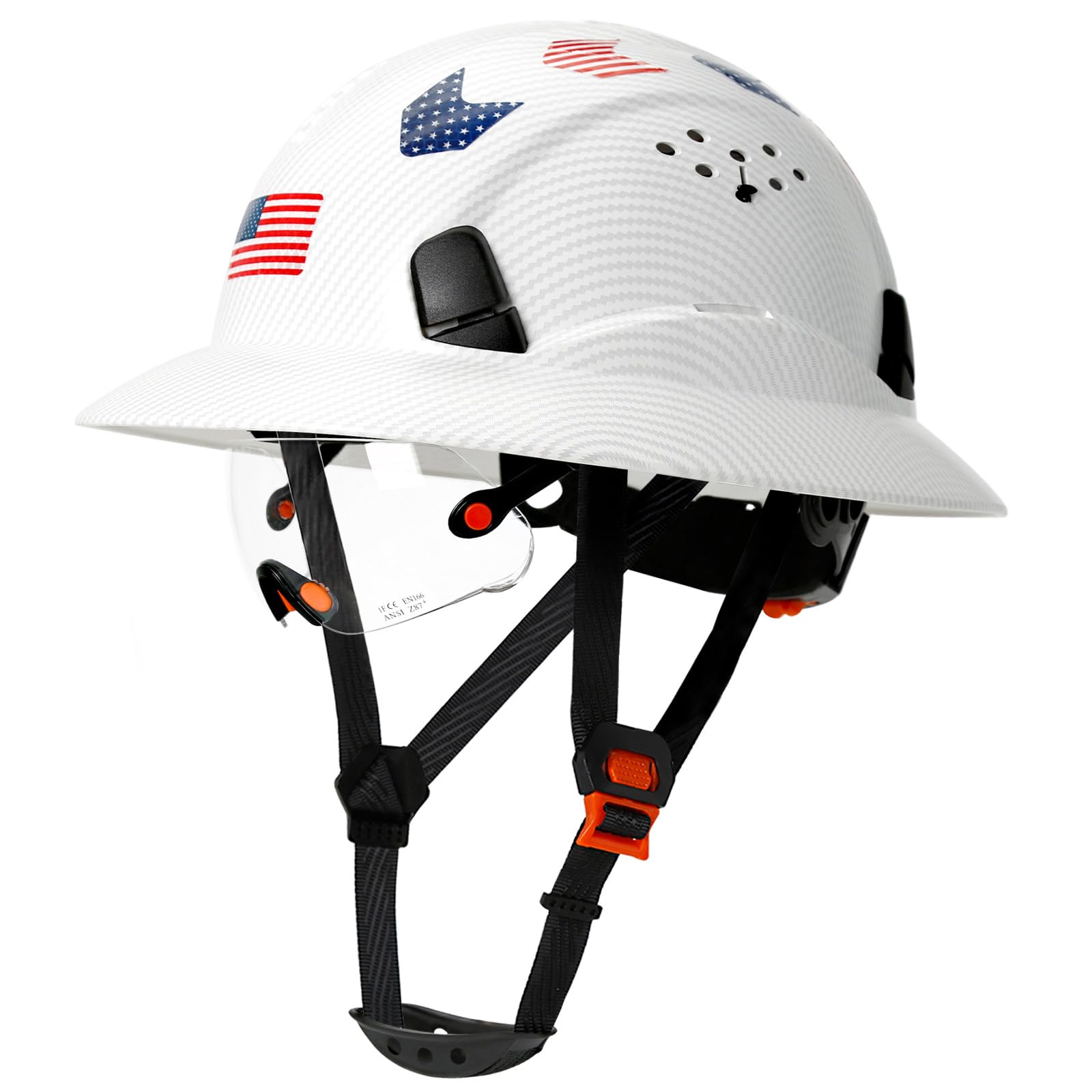 Carbon Fiber Pattern Full Brim Hard Hat with Visor-OSHA Approved Construction Safety Helmet for Men Women,ANSI Z89.1 Vented Reflective Hardhat with Hard Hat Chin Strap,6-Point Suspension