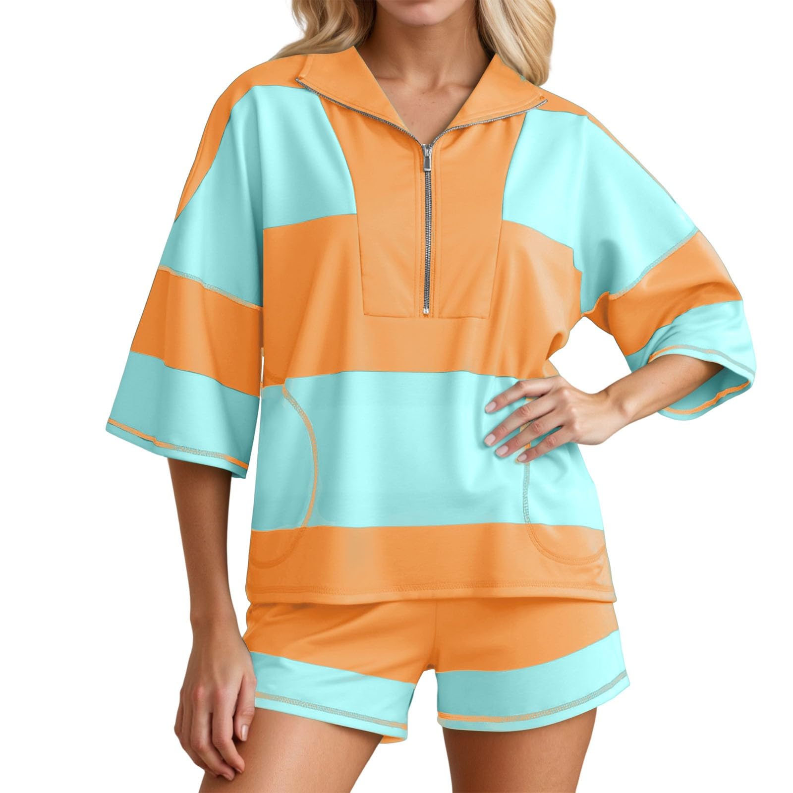 Survêtement d'été 2 pièces pour femme - Court - Couleur unie - Tenue de détente - Ensemble de vacances - Élégant et décontracté - Survêtement léger à manches courtes et short avec poches