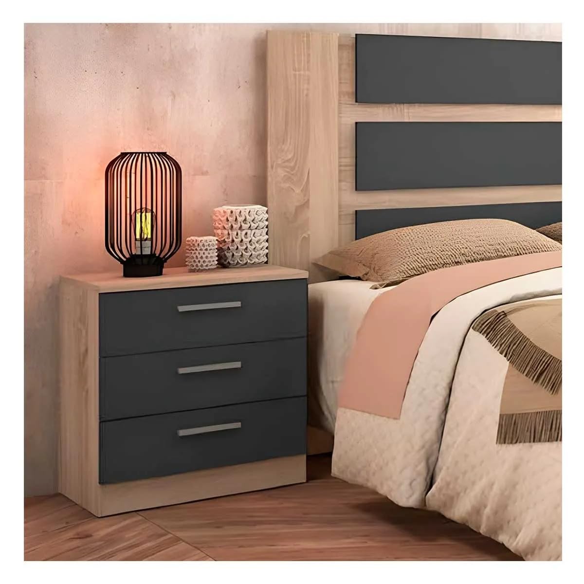 Pack tête de lit et 2 tables de chevet, chambre double, chambre complète, finition en cambria et graphite, dimensions : 220 cm (largeur) x 50 cm (hauteur) x 35 cm