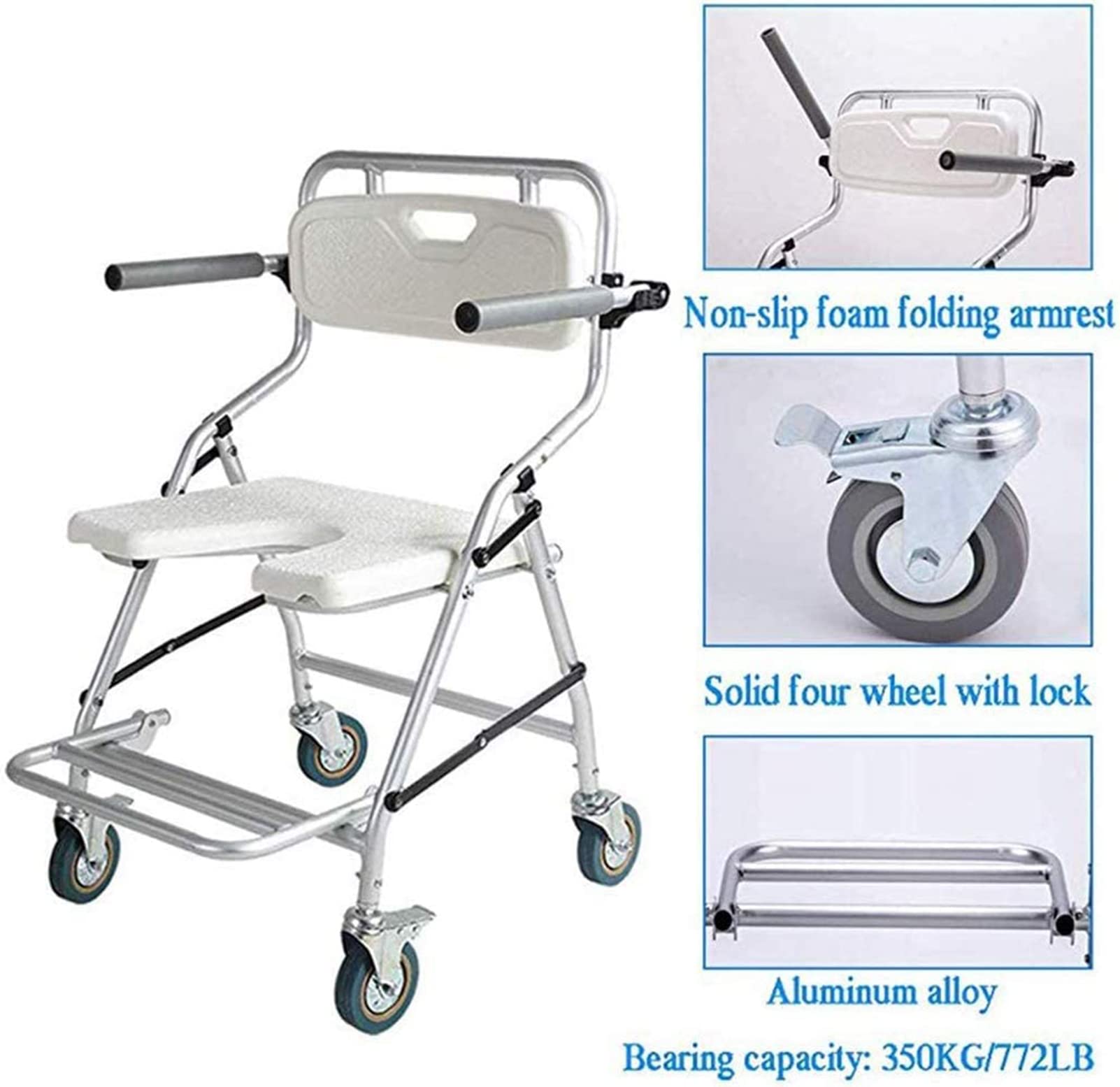 Commode Krzesło do kąpieli pod prysznic, składane krzesło prysznicowe z podłokietnikami i kółkami, wielofunkcyjne krzesło toaletowe, dla osób starszych, osób z urazami, do 175 kg