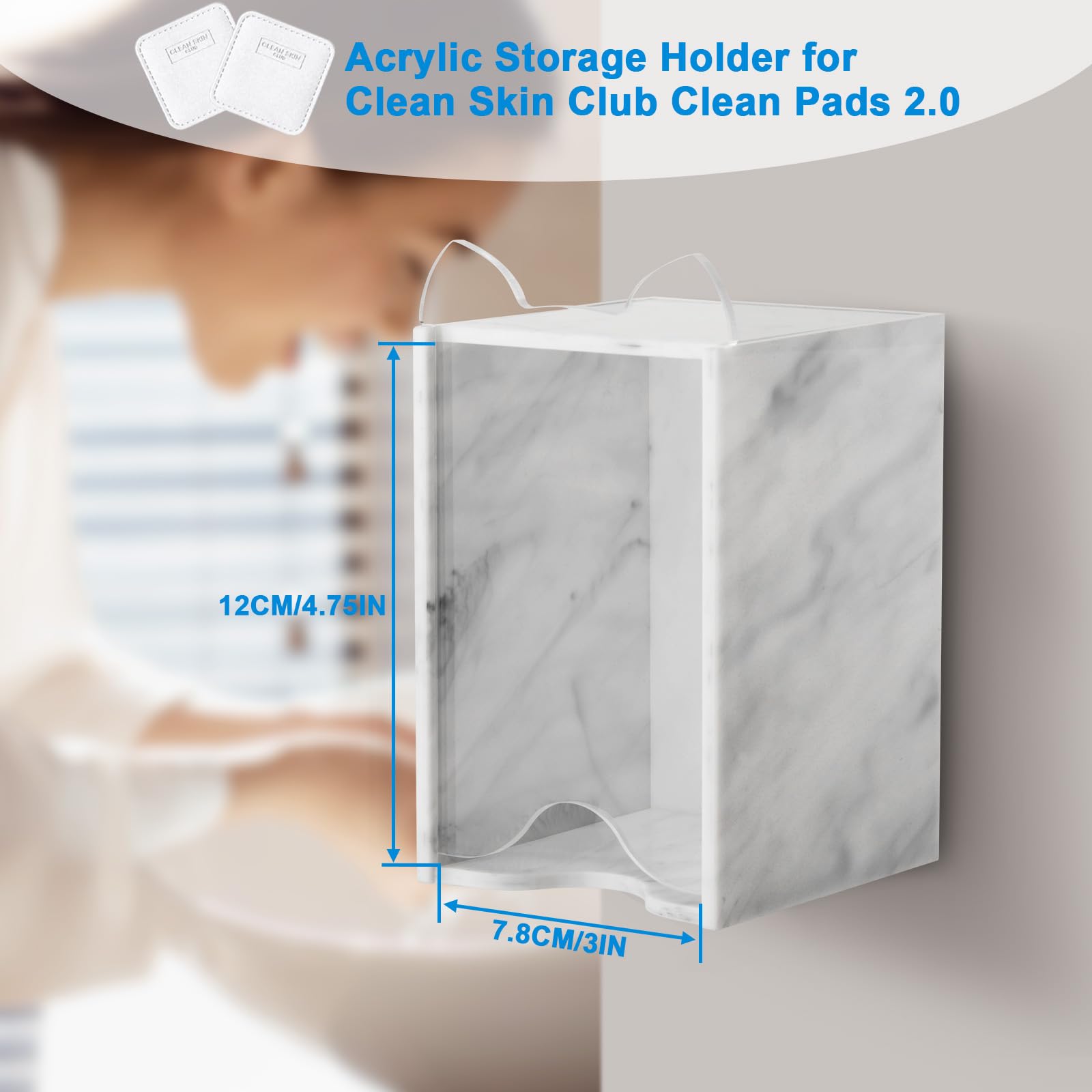 Beautyflier Acrylic Storage Holder for Clean Skin Club Clean Pads 2.0, Wall-Mounted Storage Container, Classic Modern Marble Holder for Storage of Makeup Remover Pads, 3 x 3 x 4.75IN (White Marble)
