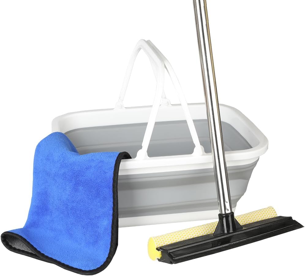 Window Cleaning Kit, Squeegee with Bucket for Windshield Cleaning, Bathroom, Shower Doors, Mirrors, Tiles, and Car Windows (Grey)