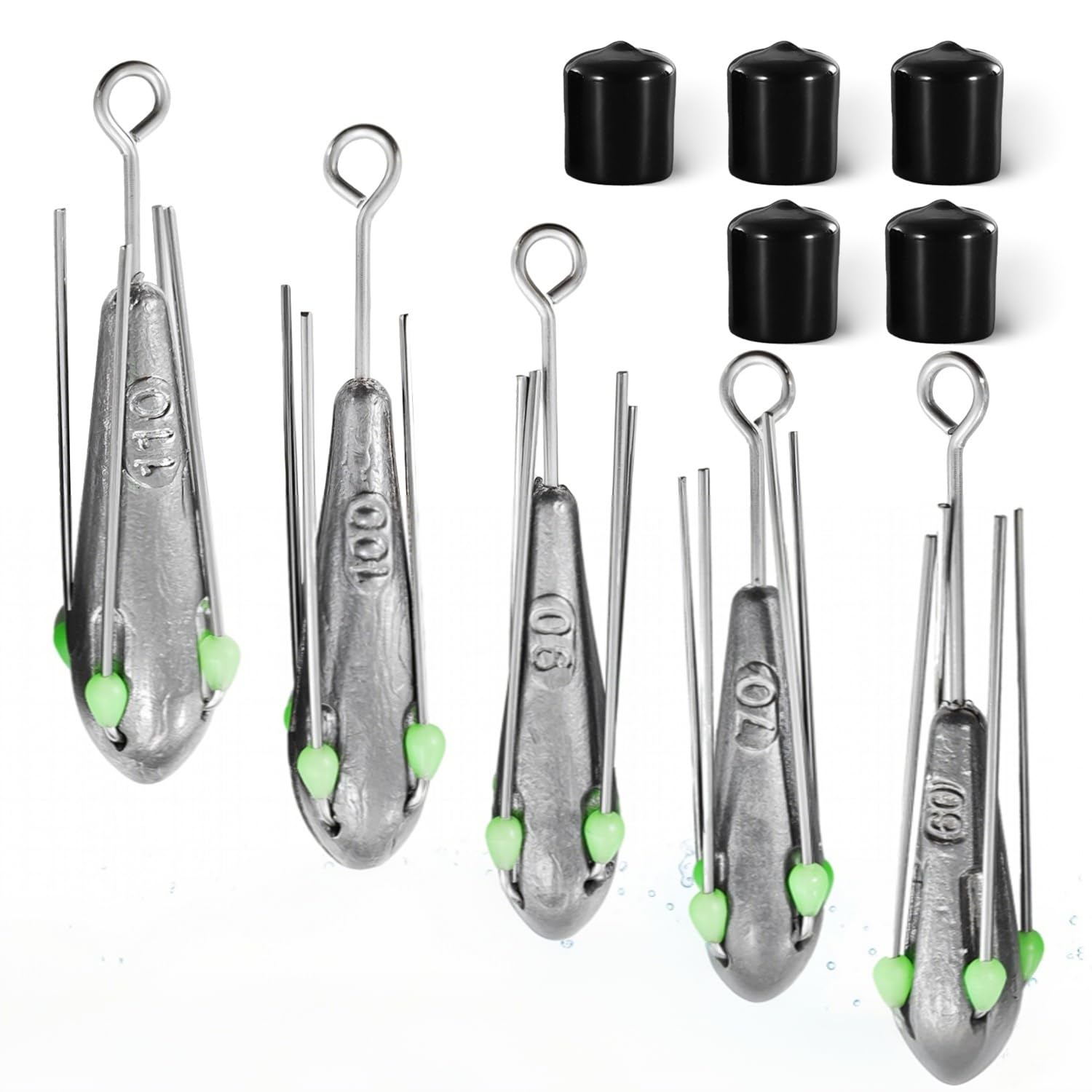 5 Set 58g-110g Piombi da Pesca Piombo da Pesca Piombini Pesi Argento con 4 Gambe Design Semplificato a Coda Lunga e Cappuccio in Silicone Nero Fishing Accessori per in Acqua Dolce e in Mare
