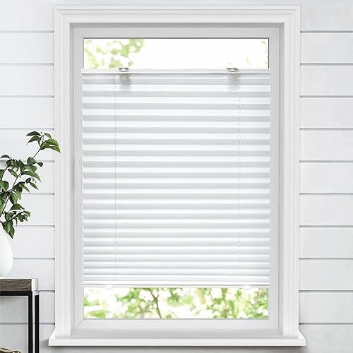 LazBlinds Tool-Free Cordless Pleated Shades with Suction Cups Light Filtering Top Down Bottom Up Pleated Blinds for Window Size 26" W x 64" H, White