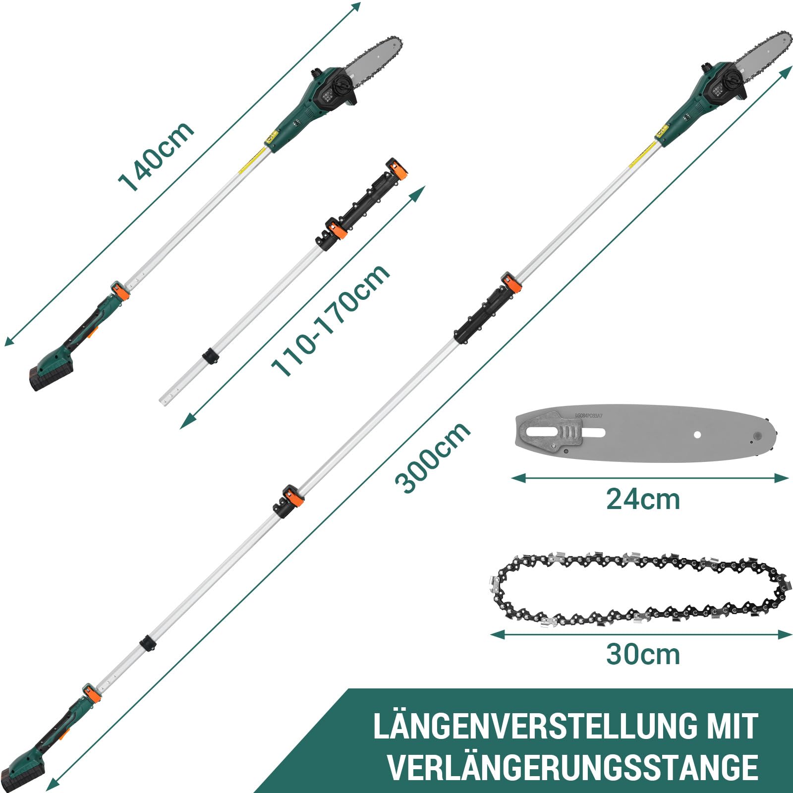 Hochentaster, Elektro Hochentaster, Elektro Teleskop Astsäge, mit 20V 2,5Ah Li-Ion Akku/Schnelles Ladegerät, 6 m/s Kettengeschwindigkeit, 24cm Schwertlänge, Aluminiumstange, Leicht
