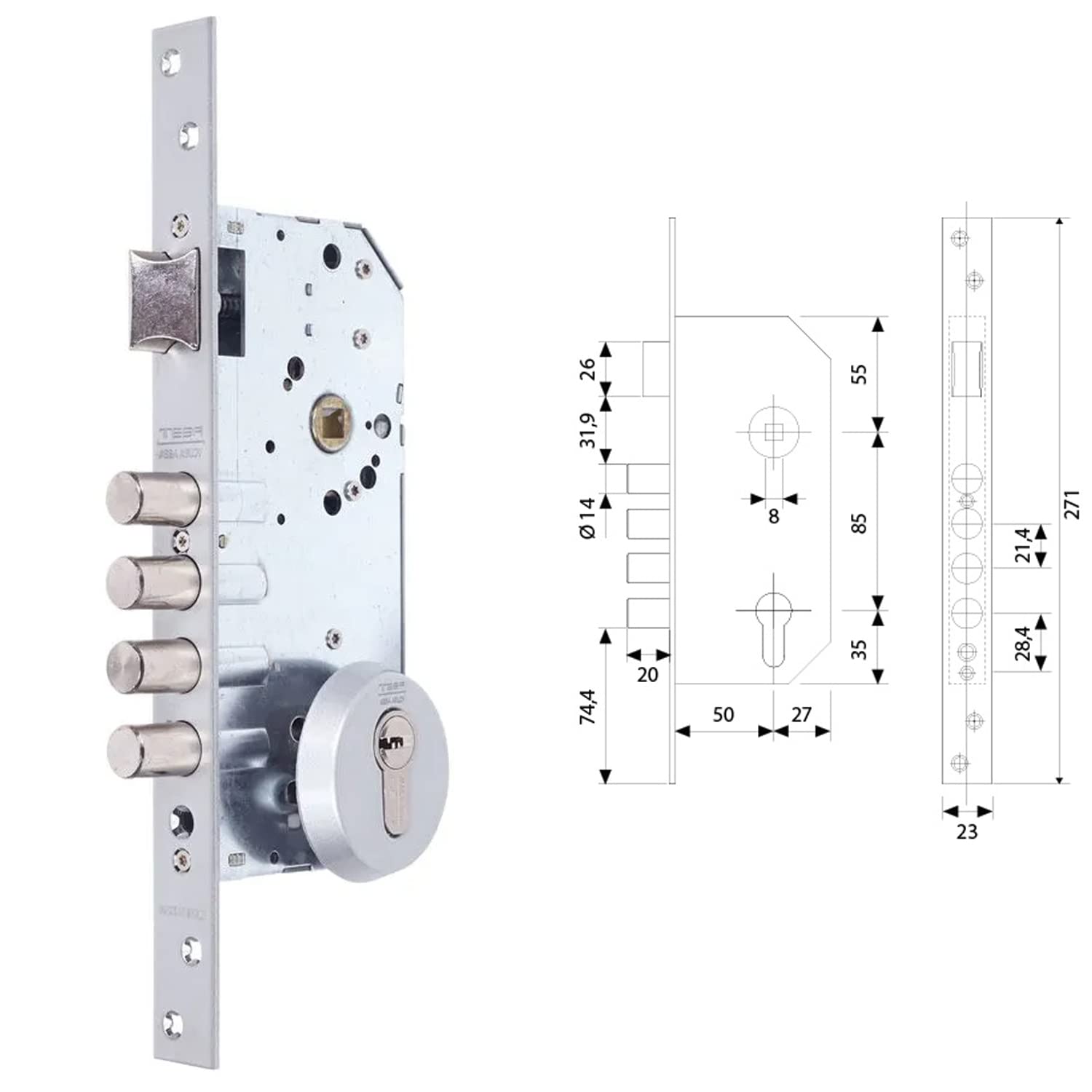 TESA R100B566C Serratura di sicurezza monopunto, entrata 50 mm, finitura cromata, catenacci da 14 mm