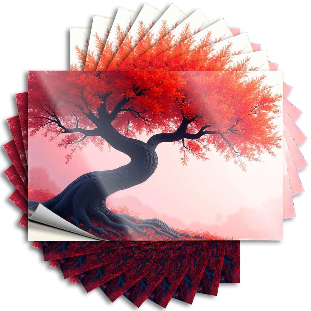Funny Decor Wall Funny Sticker - A Tree with Vibrant Red Leaves Against A Soft Pink Sky Cool Durable Sticker Easy Apply for Mold Decor(6X9CM)