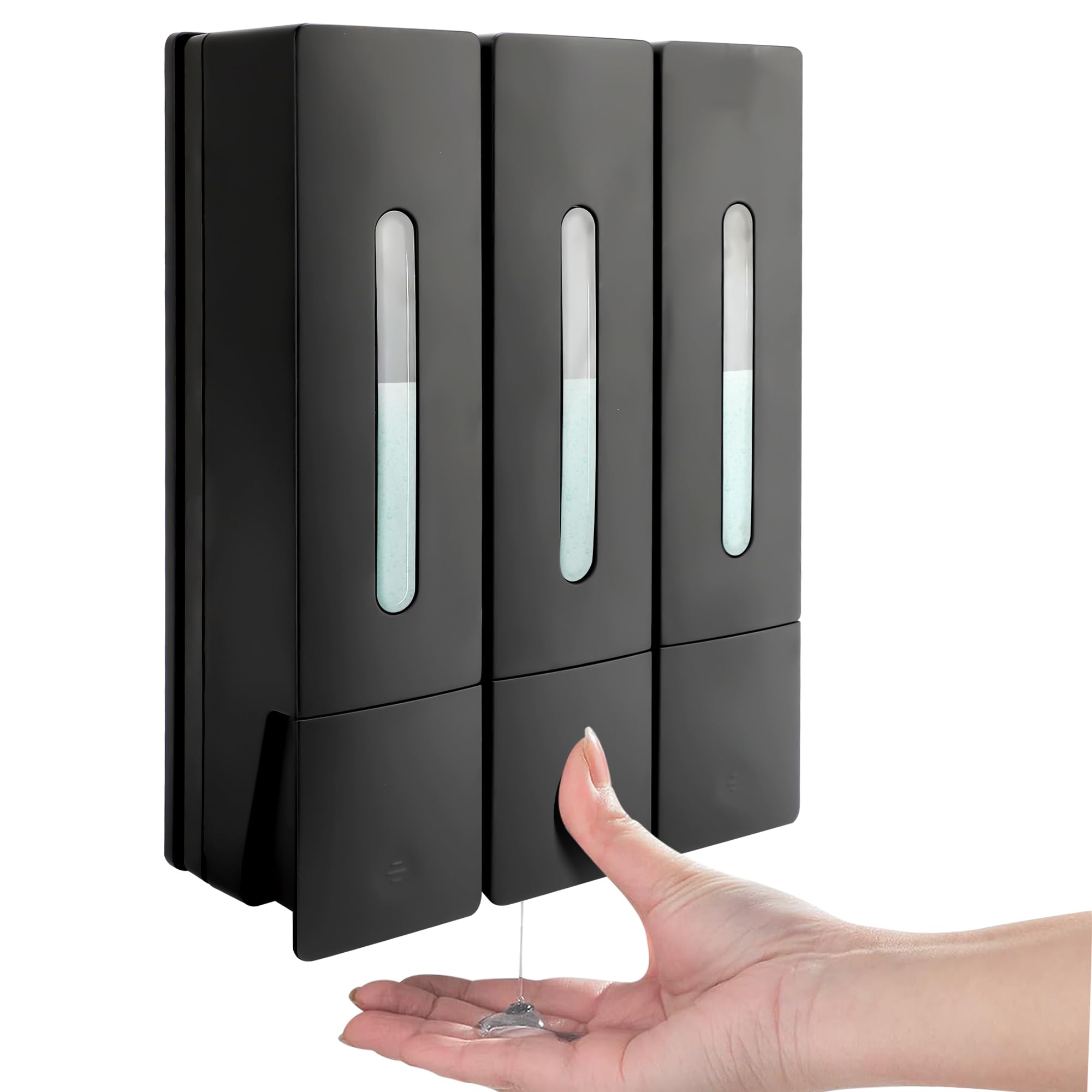 Soap Dispenser Bathroom 400ML*3 Shampoo and Conditioner Dispenser 3 Chamber Wall Mounted for Shower Gel Hand Washing Liquid ABS No Drill Set for Bathroom Kitchen(Black)