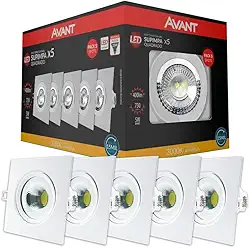Kit Spot LED, 5 unidades, 5W, Luz amarela 3000K, Embutir, Quadrado, Bivolt, Avant