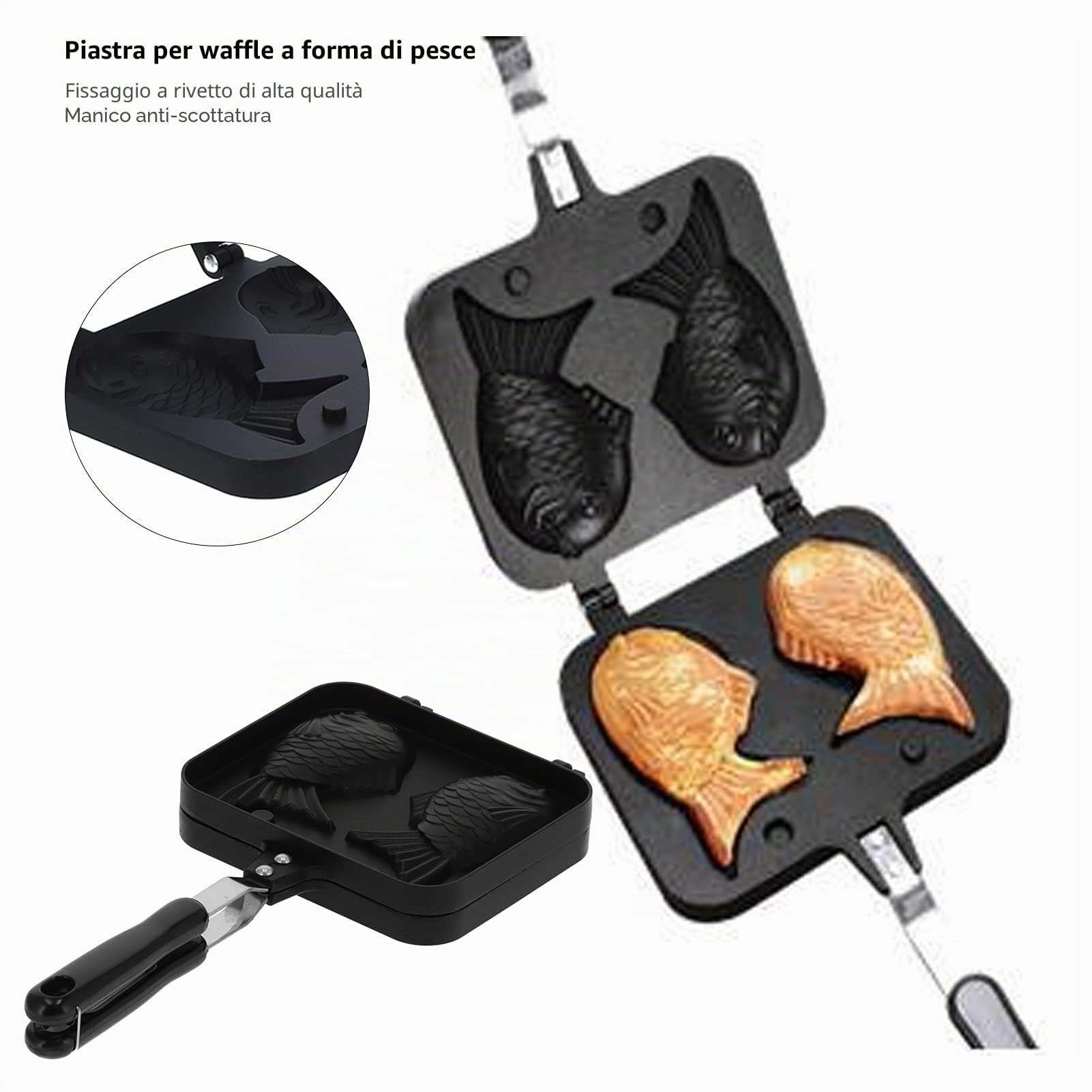 Stampo Taiyaki, Padella Antiaderente per Waffle a Forma di Pesce con Doppia Cottura, 38x19x4 cm in Alluminio, per Caffetterie e Casa