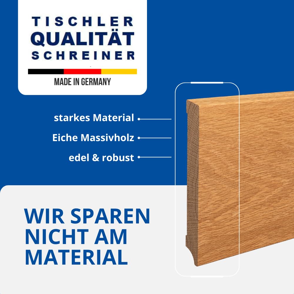 REESE | MASSIVHOLZ Sockelleiste | Leipziger Profil | Eiche LACKIERT | Oben Abgeschrägt | 150mm Höhe, 15 Stück / 34,5lfm