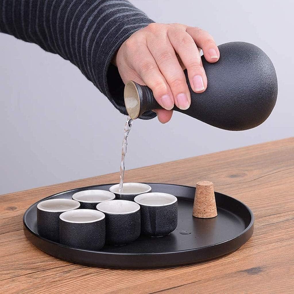 Sake Ceramic Set, 6 Pieces of Ancient Ceramic Black Anti-Skid Kettle Wine Glass Home Set for Cold/hot/Sake/Shochu/Tea 8.13