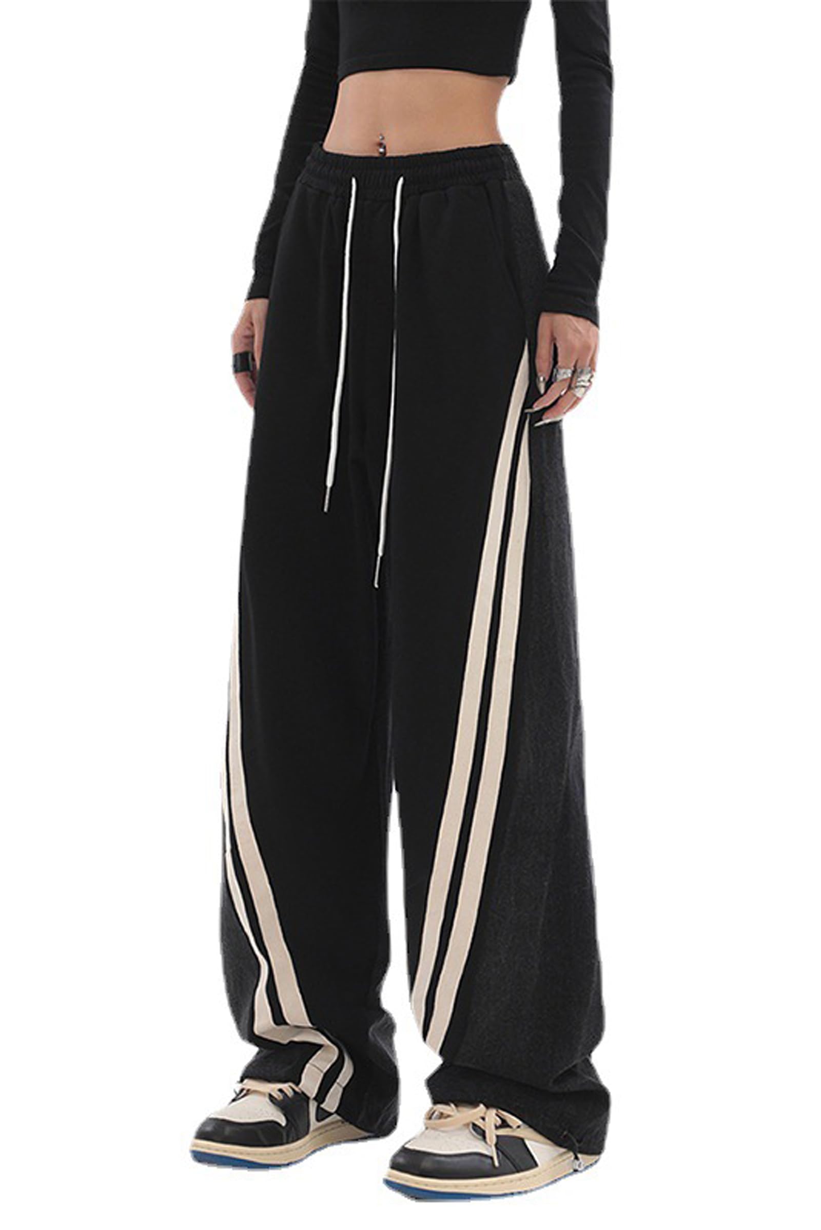 SESERAGI Pants for Women Trendy 2024 Black White Wide Leg Casual Girls Elastic Waist Cargo Pants Pockets Womens