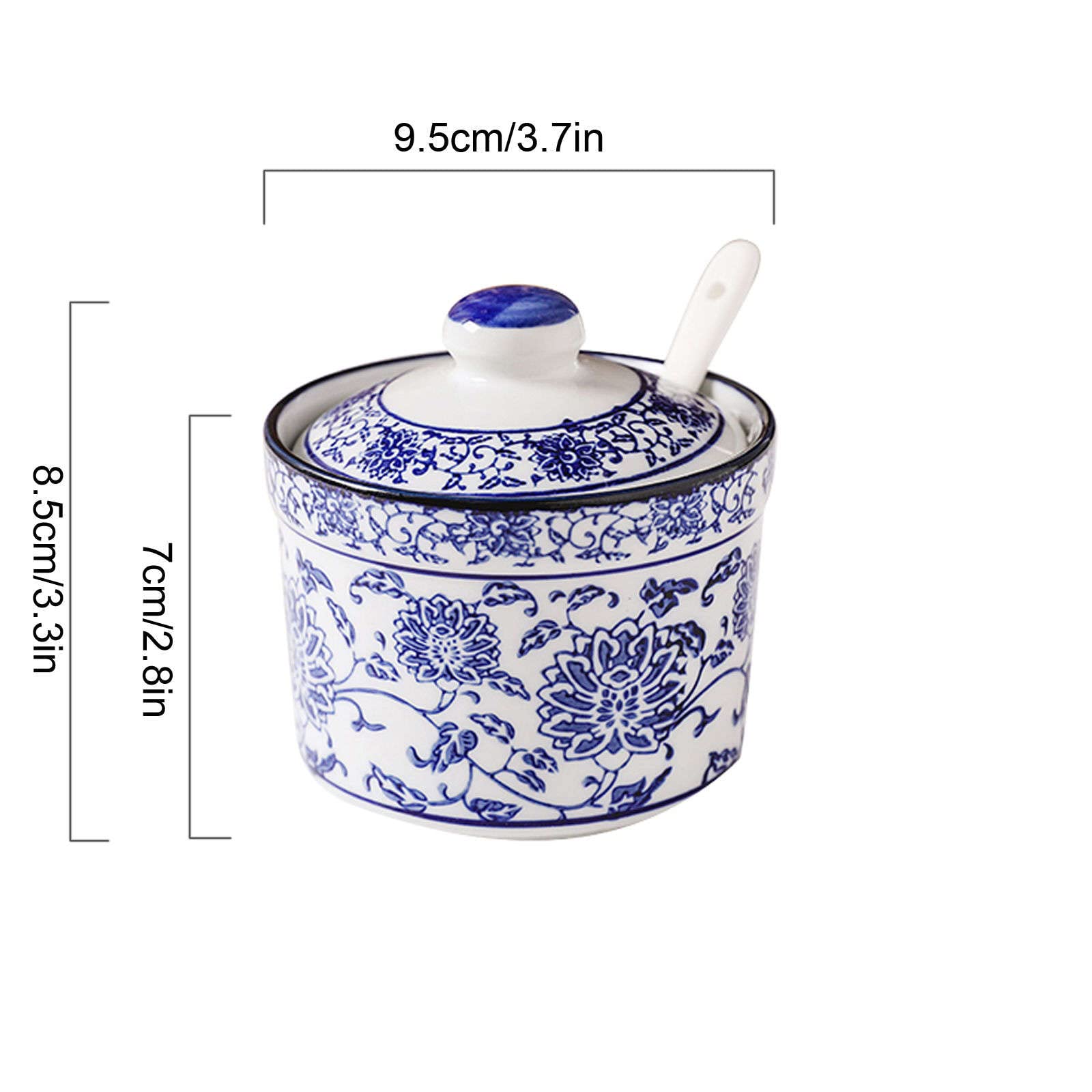 Vaso per la conservazione del sale in ceramica, Zuccheriera cinese in porcellana bianca e blu con coperchio, zuccheriera in porcellana con cucchiaio, piccola saliera, for bar, ristorante-blu e bianco-