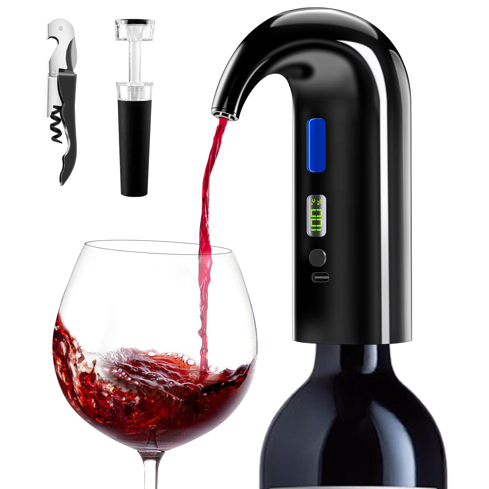 Aireador de vino eléctrico, decantador de vino automático de un solo toque para vino tinto y blanco, dispensador de vino, vertedor de vino, regalos de vino para amantes del vino (negro)