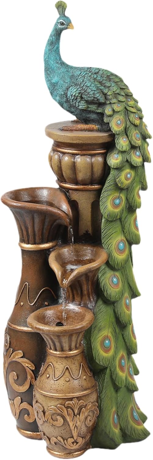 Peacock and Urns Resin Outdoor Fountain with LED Lights