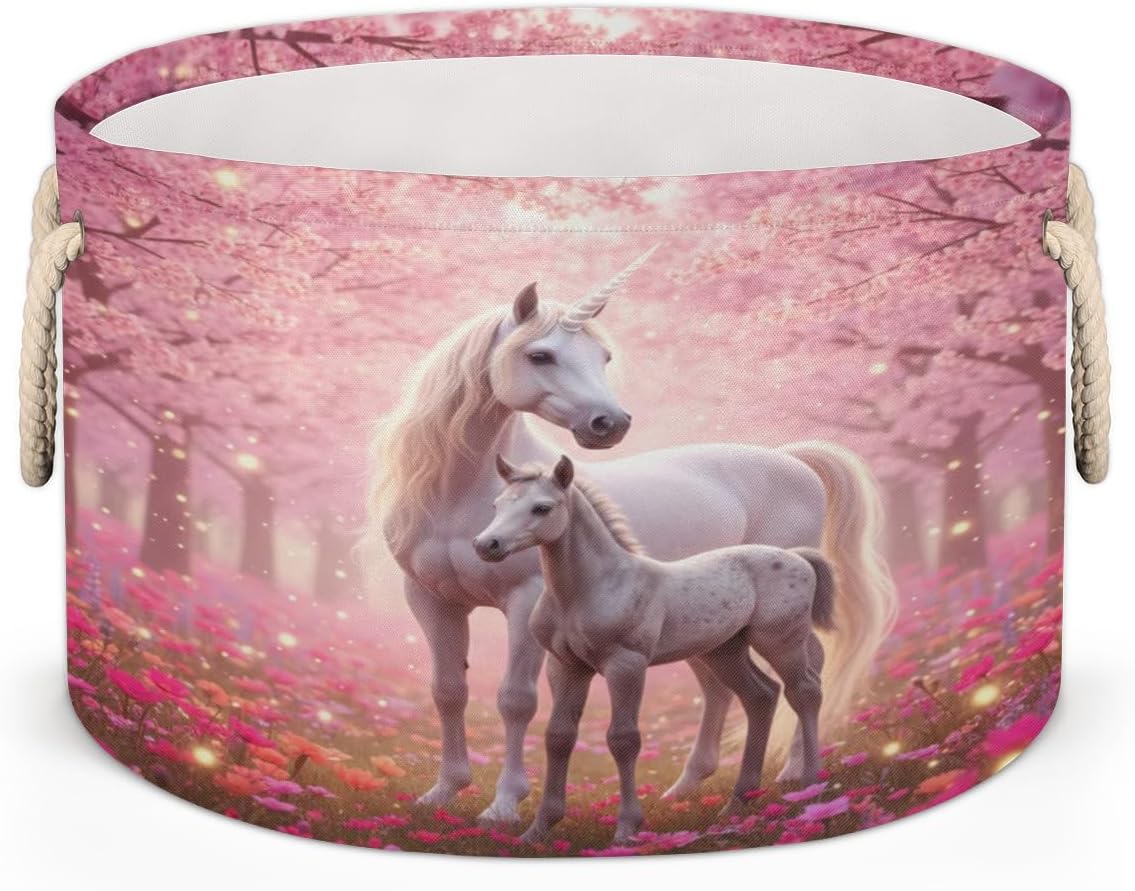 Large Storage Baskets - Unicorn Cherry Blossom Nursery Round Collapsible Organizer Bin Box, Laundry Hamper for Kids Toys, Blanket, Bedroom Living Room Home Decor, Gift Basket, 19.4"x13.3"