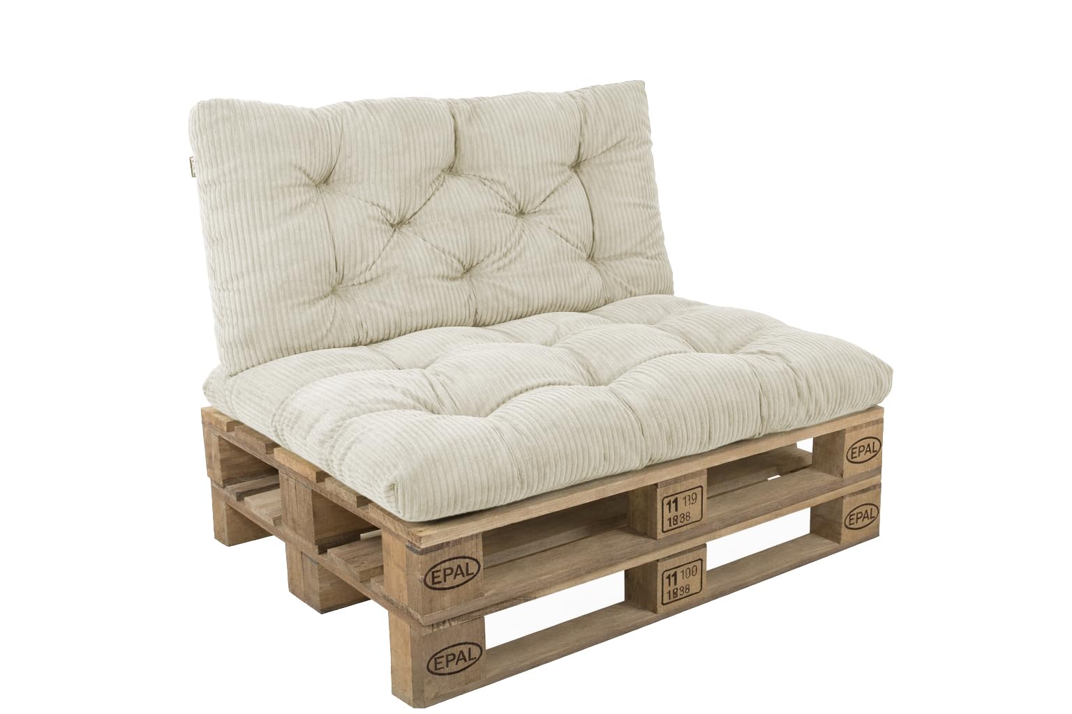 POKAR Set of 2 Pallet Cushions: Seat 120x60 cm + Backrest 120x60 cm in Corduroy | Tufted Cushions for Pallet Furniture and Garden Sofa | Outdoor and Indoor Use | Oeko-Tex | Made in EU | Ivory โ image 1