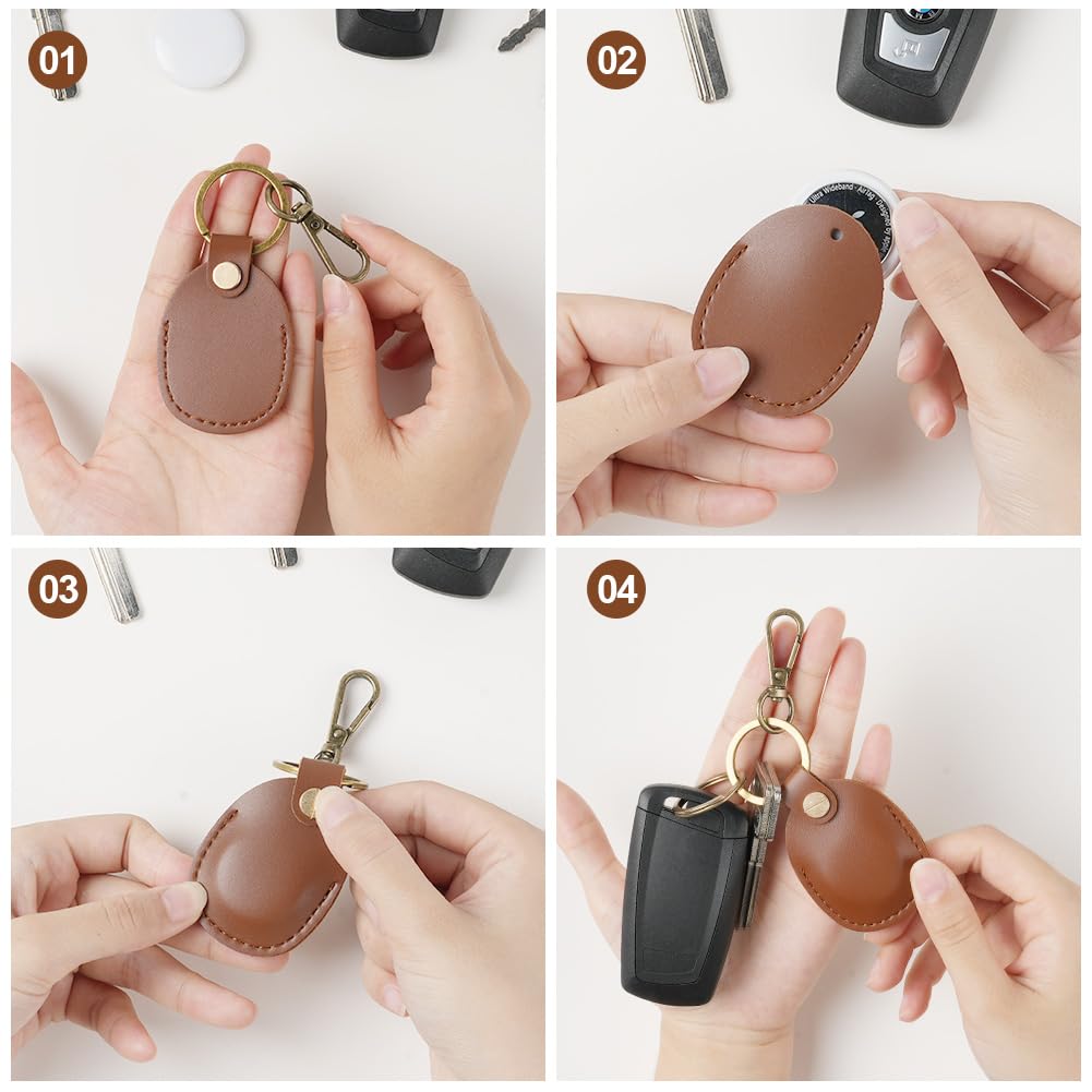 Ainiv Llavero para AirTag, Marrón Funda Protectora para AirTag, Colgante Hecho de Cuero, Resistente a Arañazos Estuche con Llavero Antipérdida, Funda de Soporte — view 7