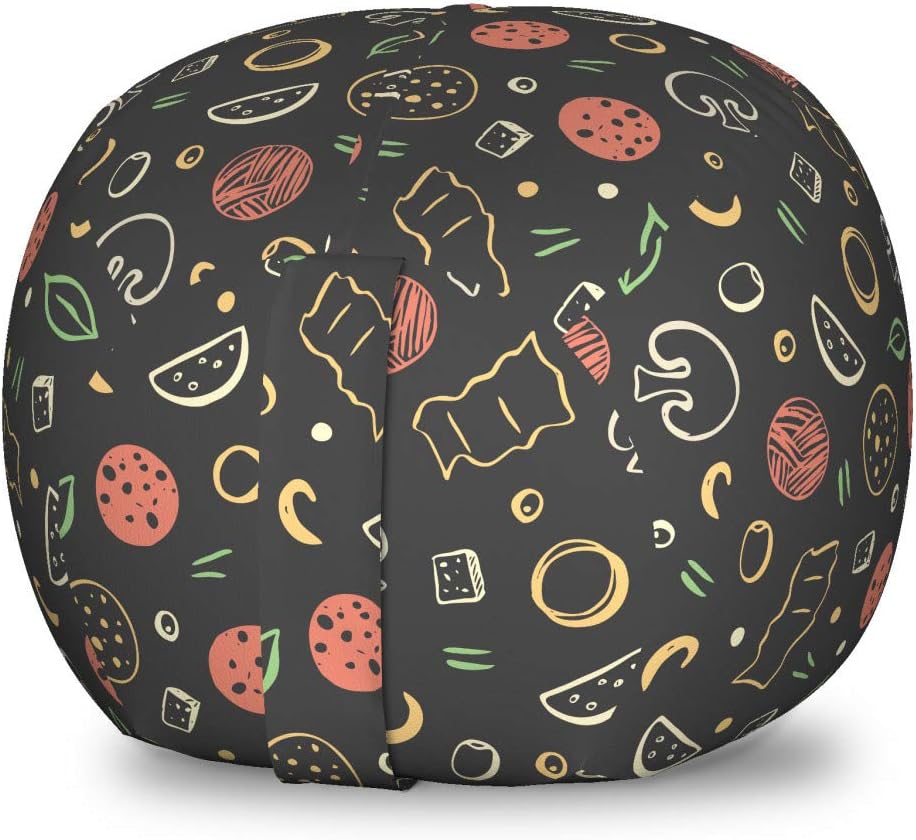 Ambesonne Cartoon Storage Toy Bag Chair, Sketches of Pizza Ingredients Yummy Food Theme, Stuffed Animal Organizer Washable Bag, Small Size, Dark Taupe Grey Coral