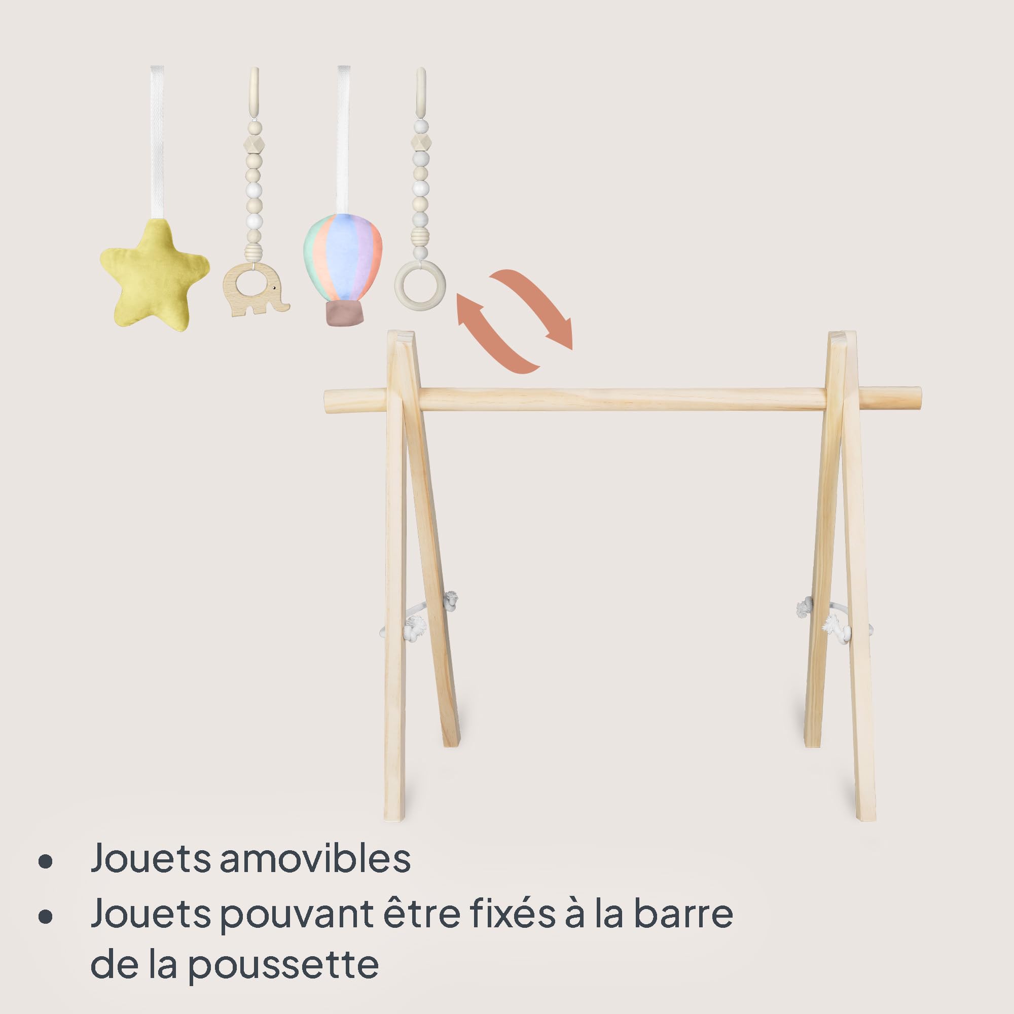 LIONELO Anis Ensemble d'éveil avec arche de jeu pliable en bois et jouets détachables, grand tapis d'éveil en coton de 100 cm, doux et antidérapant (2 cm d'épaisseur), tapis d'éveil