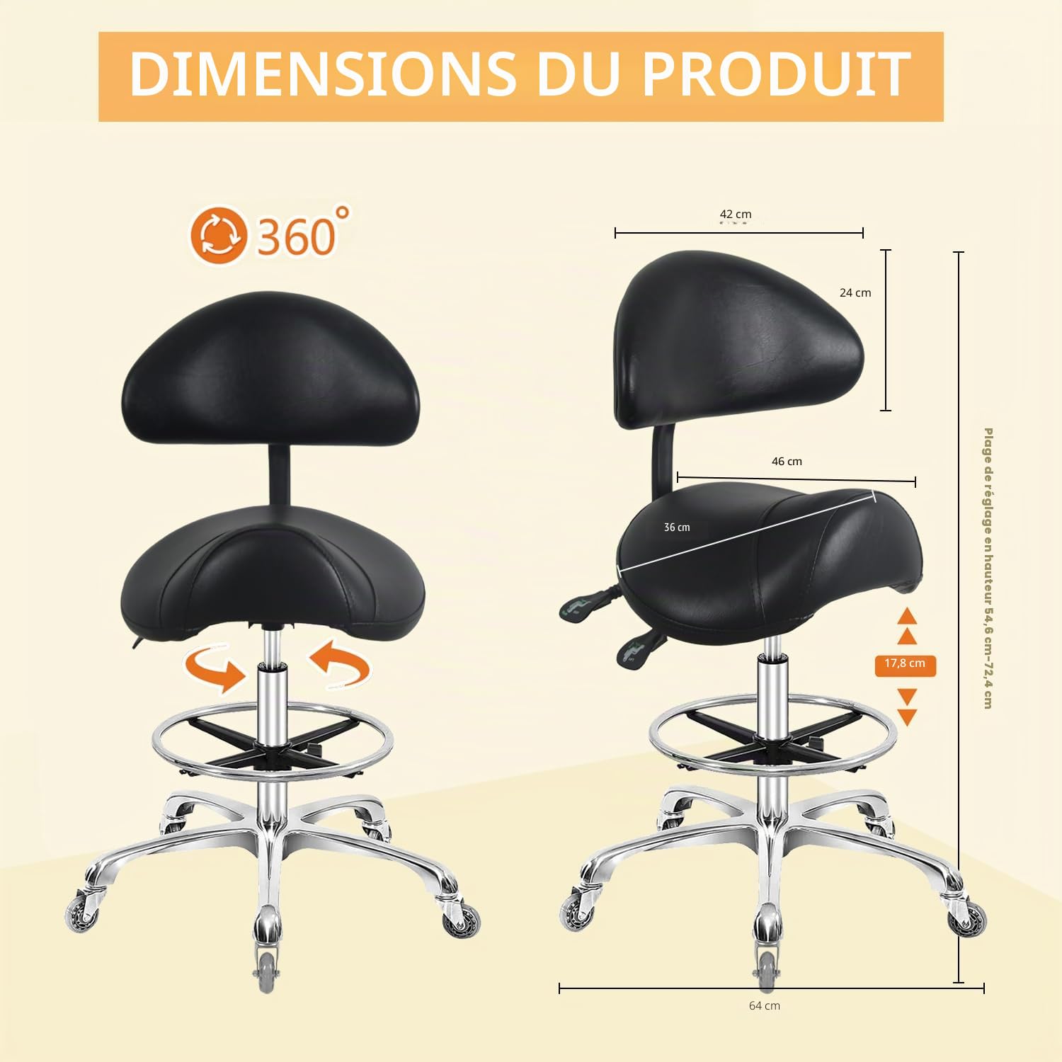 Tabouret de selle hydraulique pivotant réglable avec support dorsal et repose-pieds, résistant 158,8 kg, noir