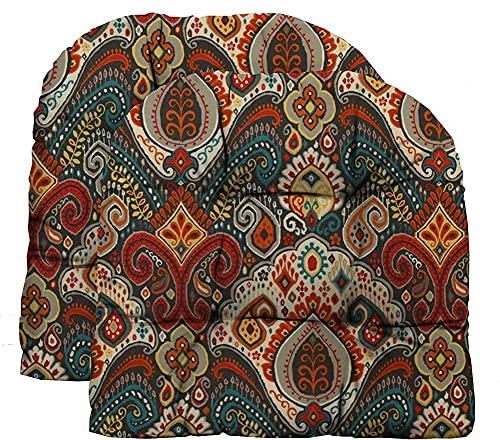 RSH DECOR Set of 2 - Universal U Shape Wicker Style Tufted Indoor/Outdoor Seat Chair Cushions ~ Bohemian Retro Paisley~ Boho Passage Teal Orange Red