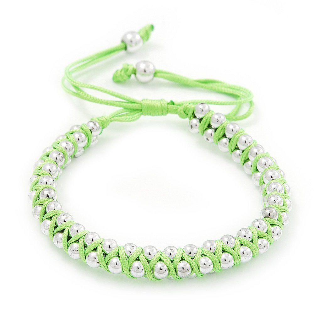 AvalayaPlaited Neon Lime Green Silk Cord with Silver Tone Bead Friendship Bracelet - Adjustable