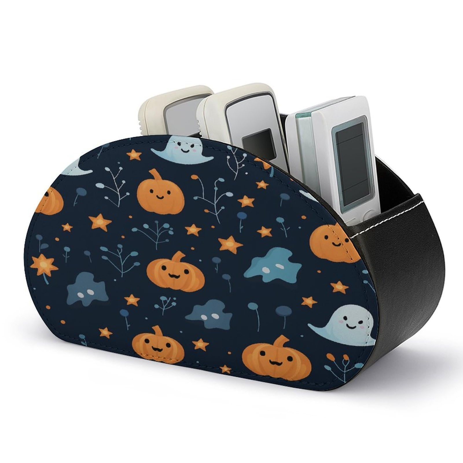 FekiLoot Ghosts And Pumpkins Remote Control Holder with 5 Compartments Multi-functional TV Remote Caddy Organizer Leather TV Remote Holder Desktop Organizer Store for Bedside Table Office Desk