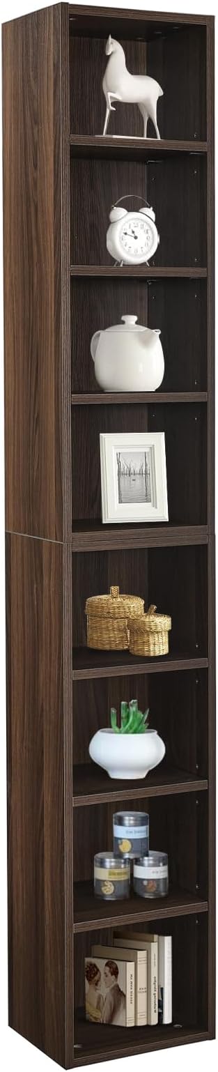LKTART 8-Tier Tall Narrow Bookcase, Versatile Detachable Bookshelf with Storage Space, Slim Media Tower Rack with Adjustable Shelves for Small Space, Bedroom, Living Room and Office, Walnut