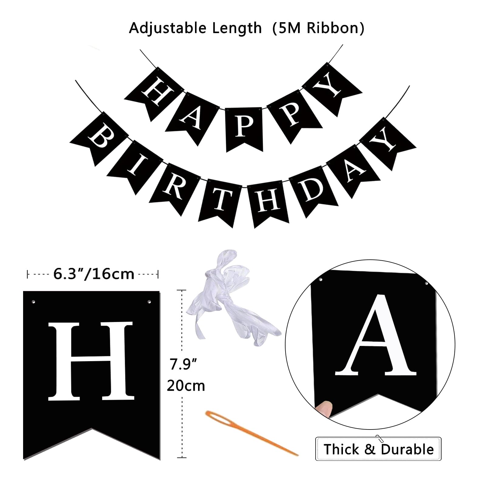 Happy Birthday Banner, Black Happy Birthday Decorations Birthday Sign for Birthday Party Backdrop Decor, Black Happy Birthday Sign Party Hanging Supplies for Girls Boys and Women