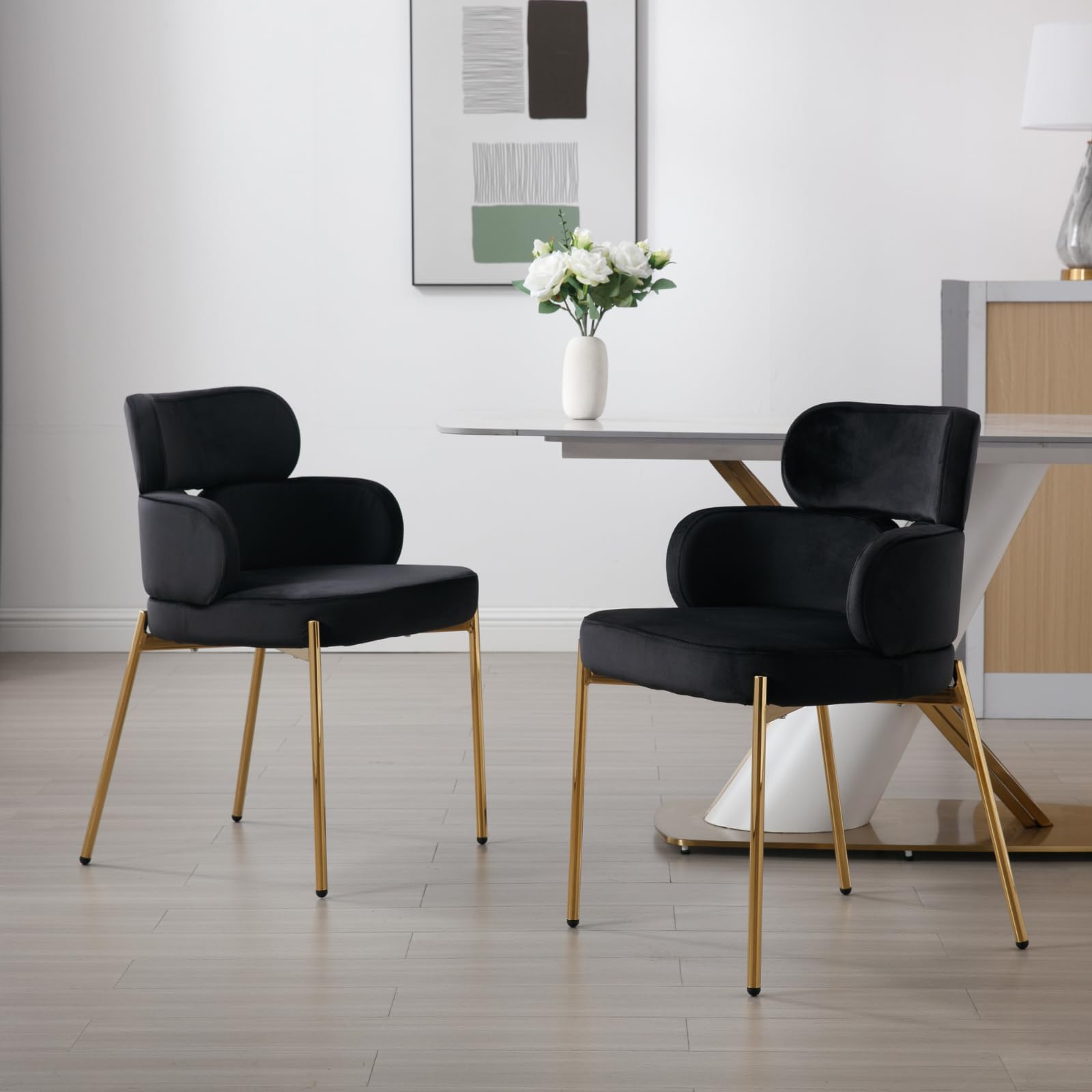 chairus Sillas de Comedor Modernas de Terciopelo Juego 2 de Sillas de Cocina con Respaldo Diseño, Sillas Restaurante Elegantes con Patas Metálicas Doradas para Hogar/Cafetería, Negro