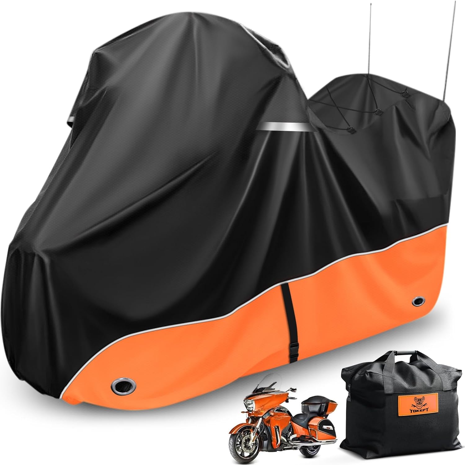 Motorcycle Cover, 110 Inch with Side+Top Box Touring Models Specific Vehicle Cover Storage Suitable for Harley-Davidson Ultra Limited, Road Glide Limited, Gold Wing, Road Master Orange