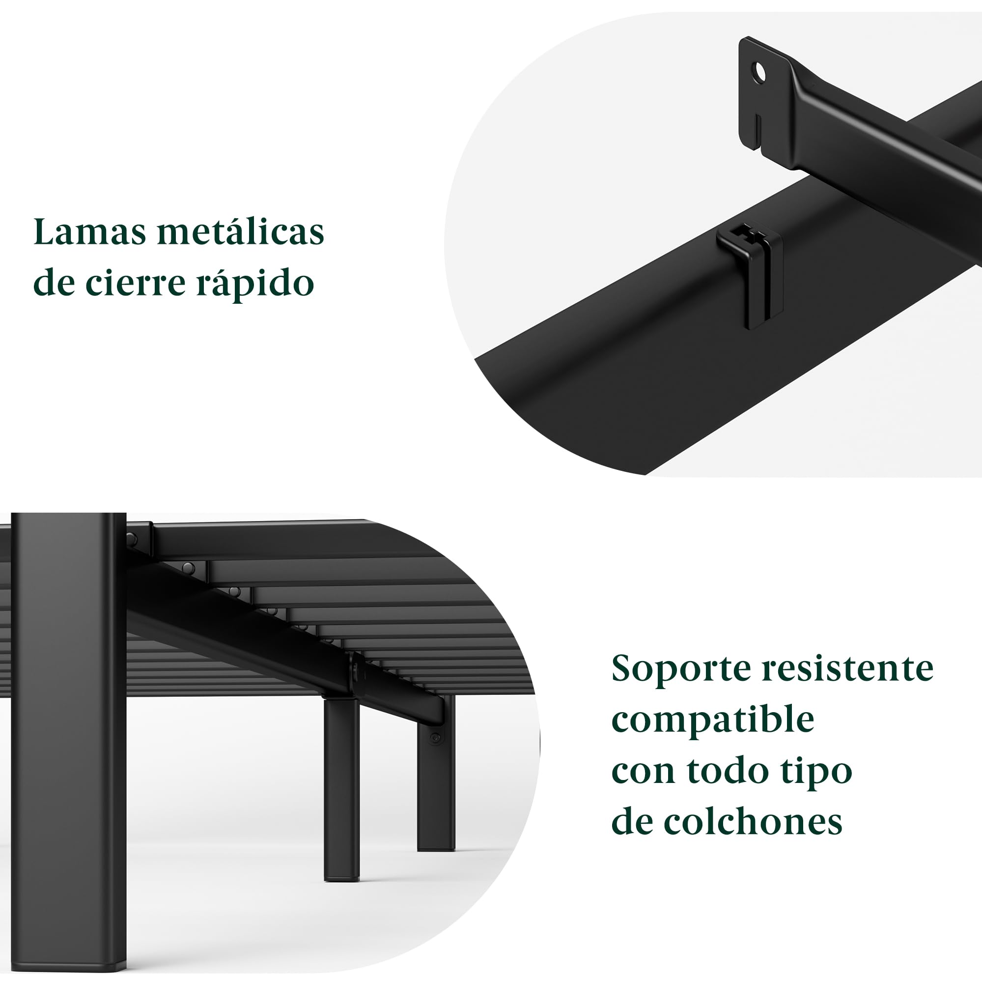 Zinus Kai Somier 135x190 cm - Altura 25.4 cm - Base Cama Matrimonio en Bambú y Acero con Cabecero - Láminas de Metal - Espacio de Almacenamiento - Montaje Fácil- Negro y Marrón