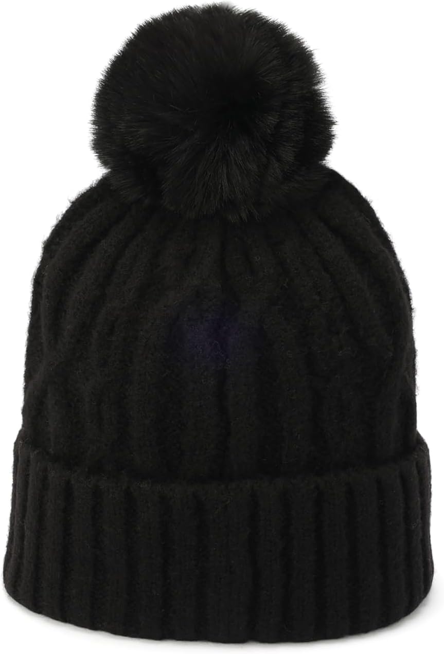 Hunter Womens Cable Cuff Beanie with Faux Fur Pom - Image 3