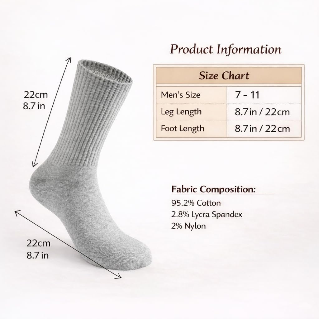 Men's Crew Socks, Lightweight Casual Cotton Socks for Men, Moisture Wicking Breathable Smooth Toe, 6 Pairs,Size 7-11