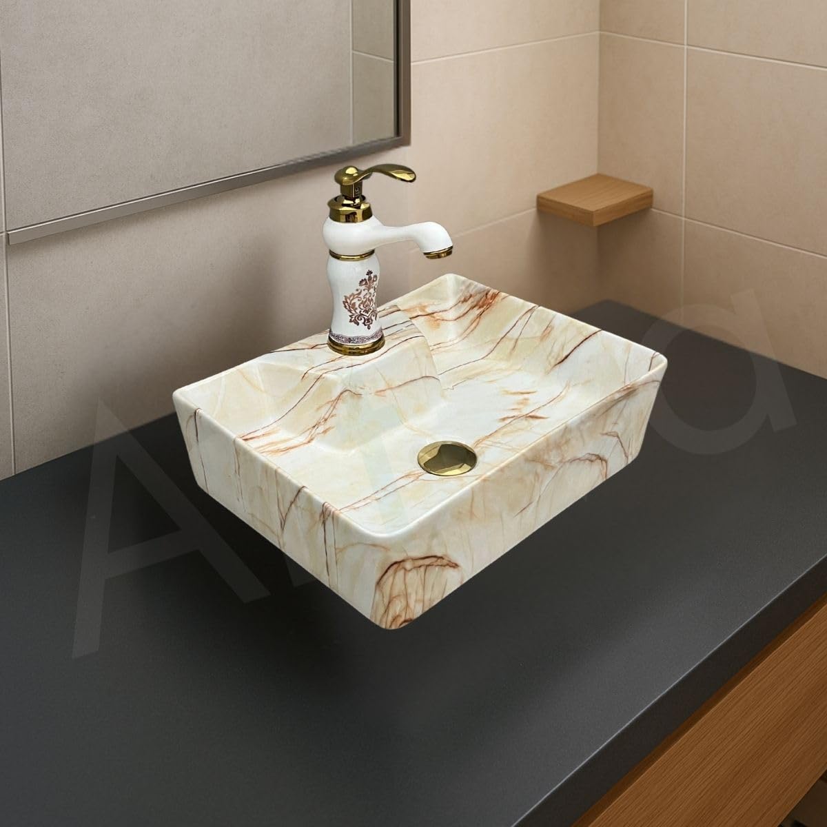 Artiva Marbo Beige Ceramic Wash Basin - Wall Mount Sink -6