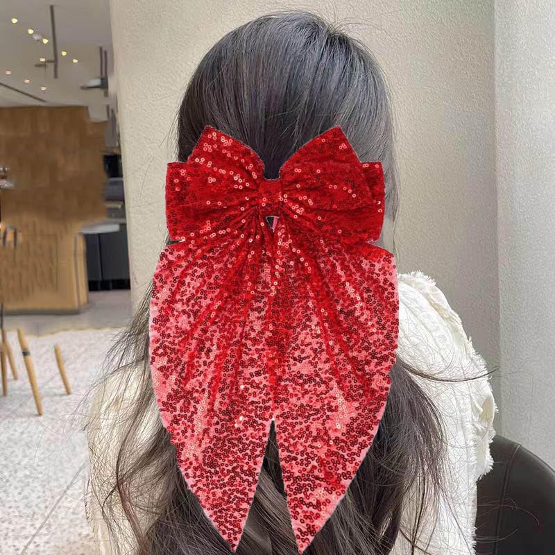 Red Glitter Sequin Hair Bow Clips for Women Girls Big Hair Bows Barrettes Ribbon 8 inch Bow Hair Clip Sparkly Hair Ribbons Bowknot Hair Clips for Women Festival Hair Accessories - Image 3