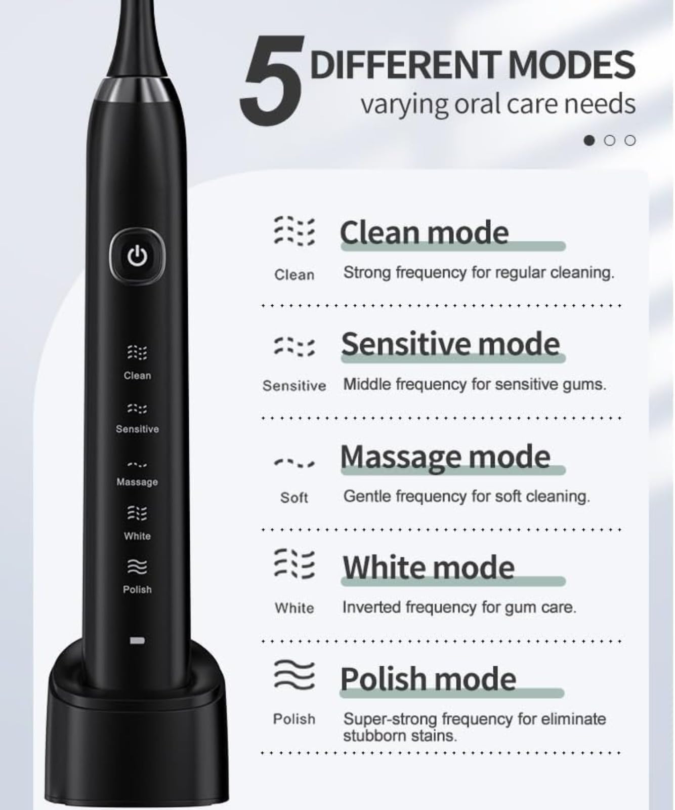 Cepillo de dientes eléctrico Sonic para adultos con 5 modos de limpieza, temporizador inteligente de 2 minutos, batería de larga duración de 60 días, cepillo de dientes recargable con cerdas