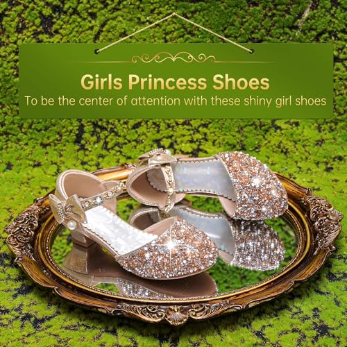 Image of Motasha Sparkly Girls Dress Shoes Kids High Heels Toddler to Big Kid | Glitter Closed Toe, Rhinestone Bow Straps, Hook-and-Loop Closure, Low Heel, Anti-Slip Outsole for Wedding Birthday Parties