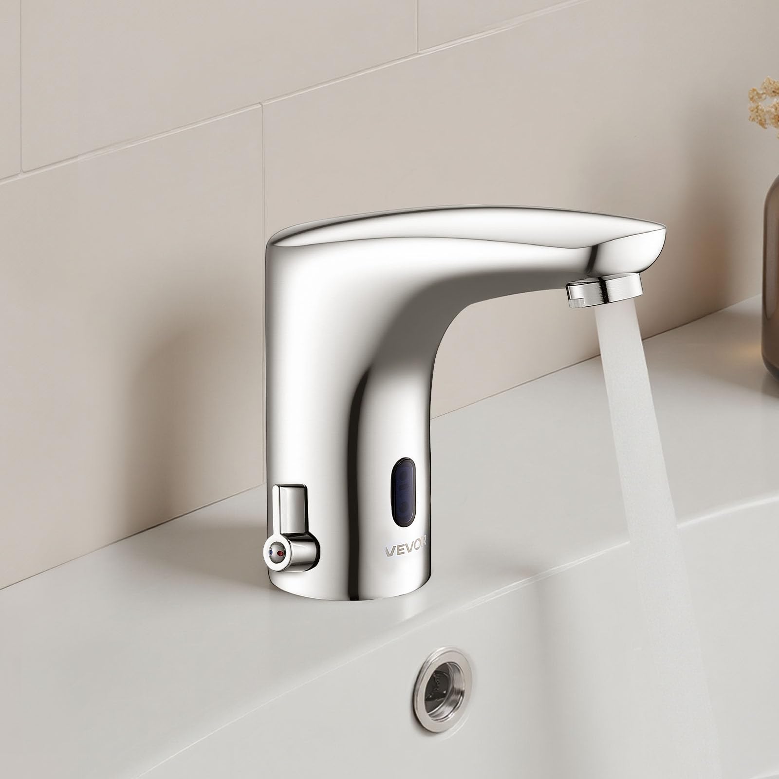 VEVOR Rubinetto per Lavabo Senza Contatto, Rubinetto Automatico con Sensore a Batteria per Bagno Miscelatore Maniglia Singola Regolabile a Mani Libere, Acqua Fredda e Calda, Argento Cromato